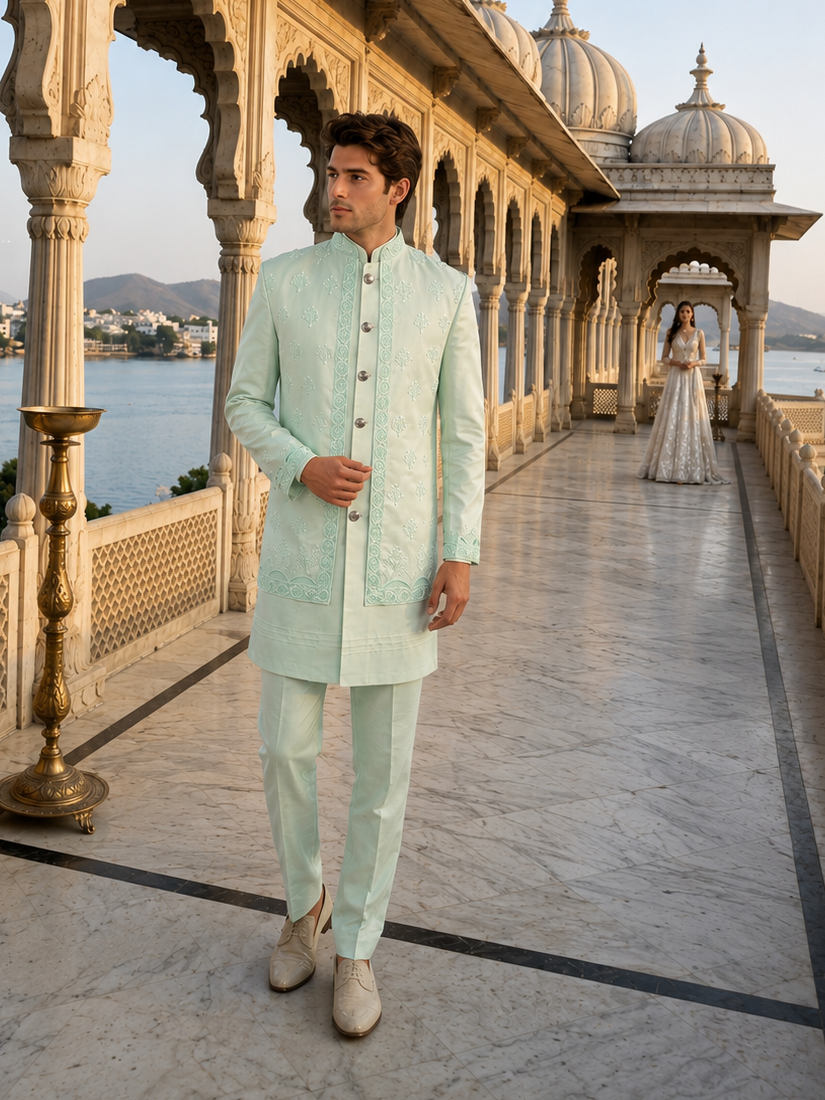 A man wearing a light mint green embroidered traditional Indian kurta and trousers stands on a marble walkway beside a lake, with ornate arches and domed architecture in the background. Another woman in a white gown is visible in the distance..
