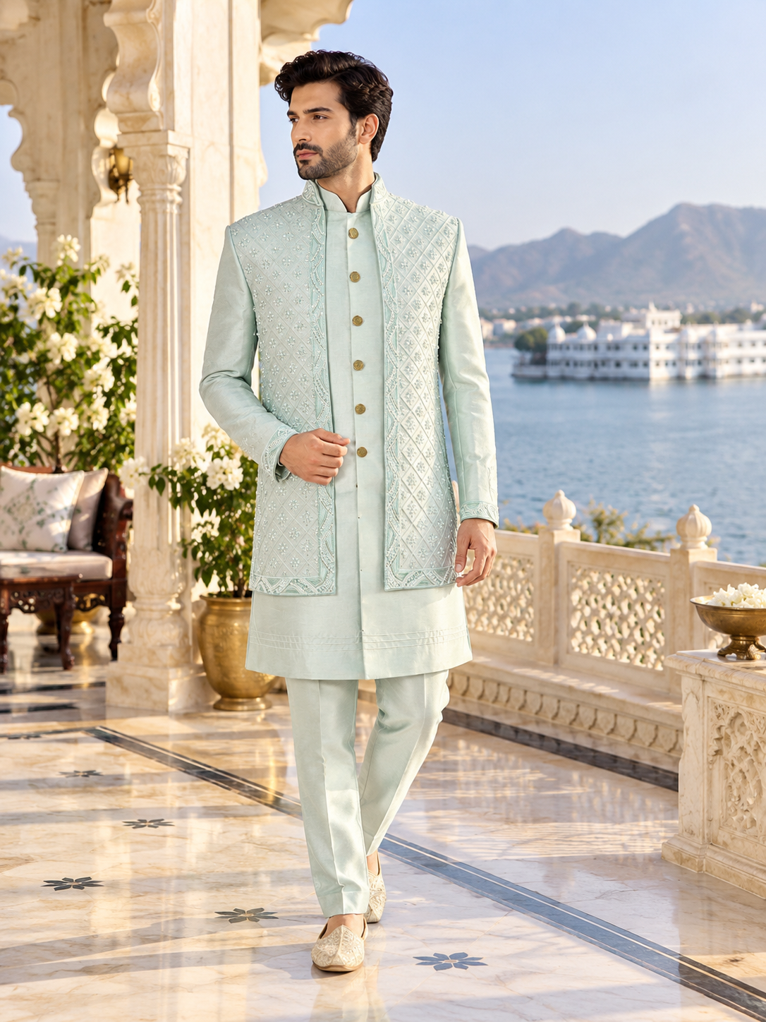 Mint Green Indo-Western Sherwani for Men | Indian Groom Wedding Outfit