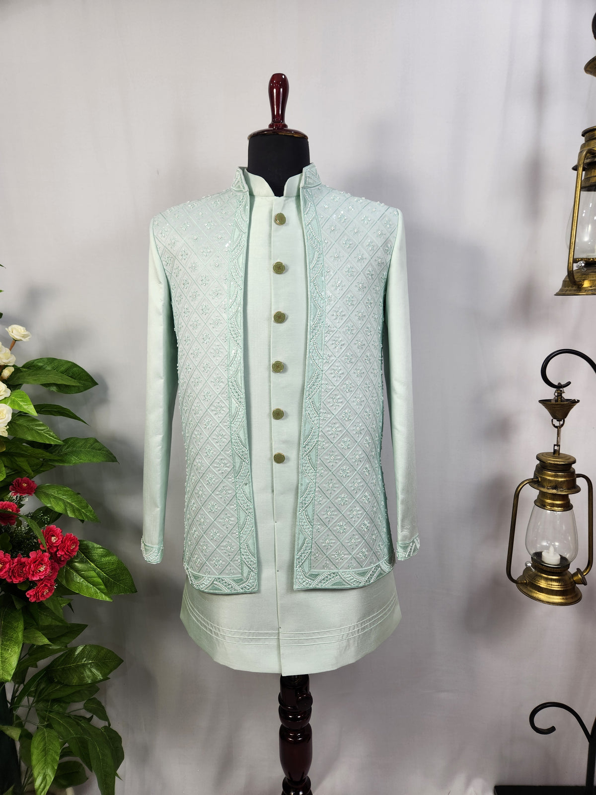 Mint Green Indo-Western Sherwani for Men | Indian Groom Wedding Outfit