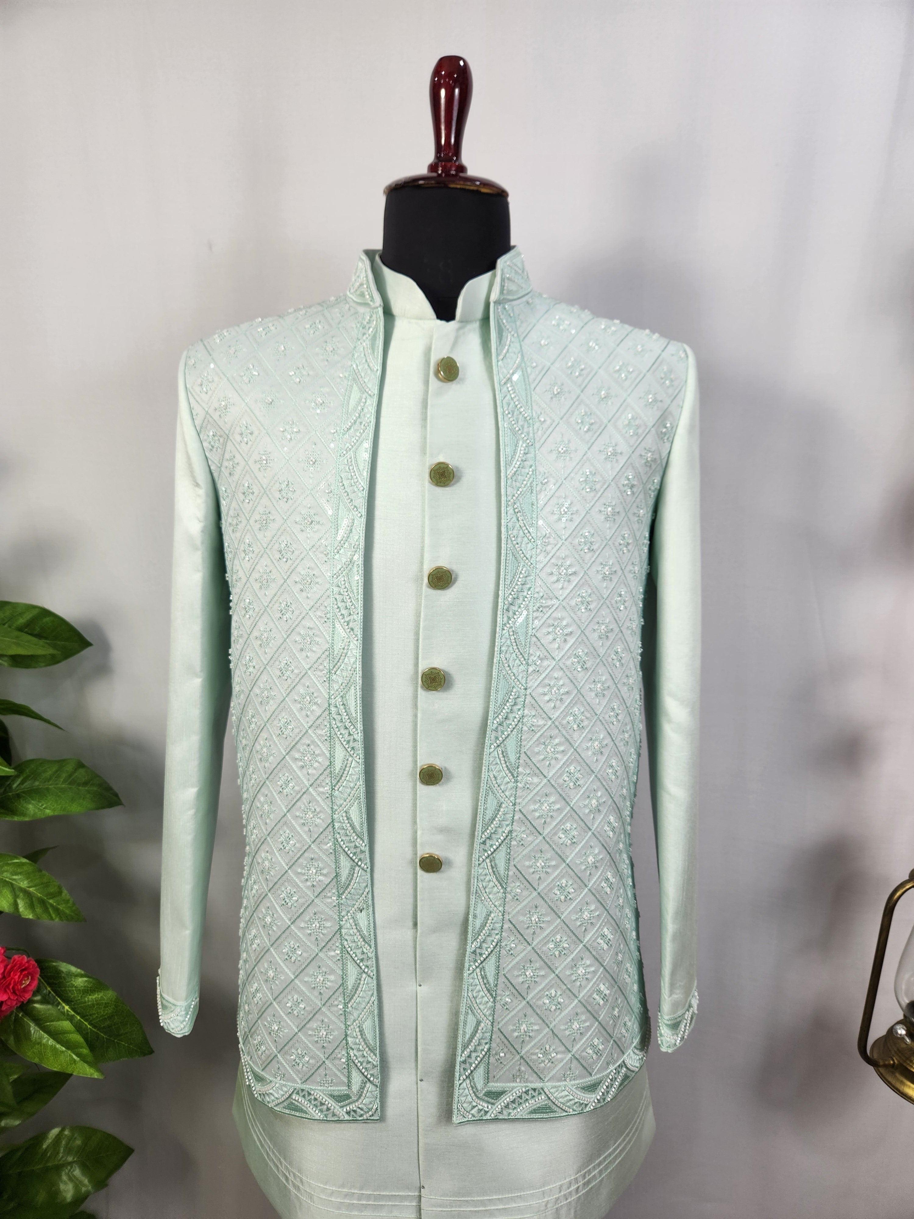 Mint Green Indo-Western Sherwani for Men | Indian Groom Wedding Outfit