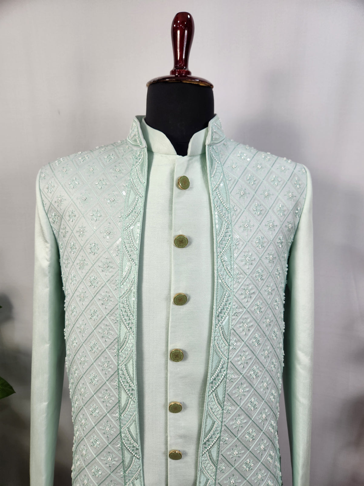 Mint Green Indo-Western Sherwani for Men | Indian Groom Wedding Outfit