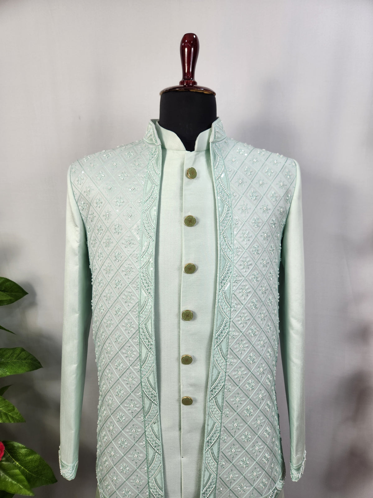 Mint Green Indo-Western Sherwani for Men | Indian Groom Wedding Outfit