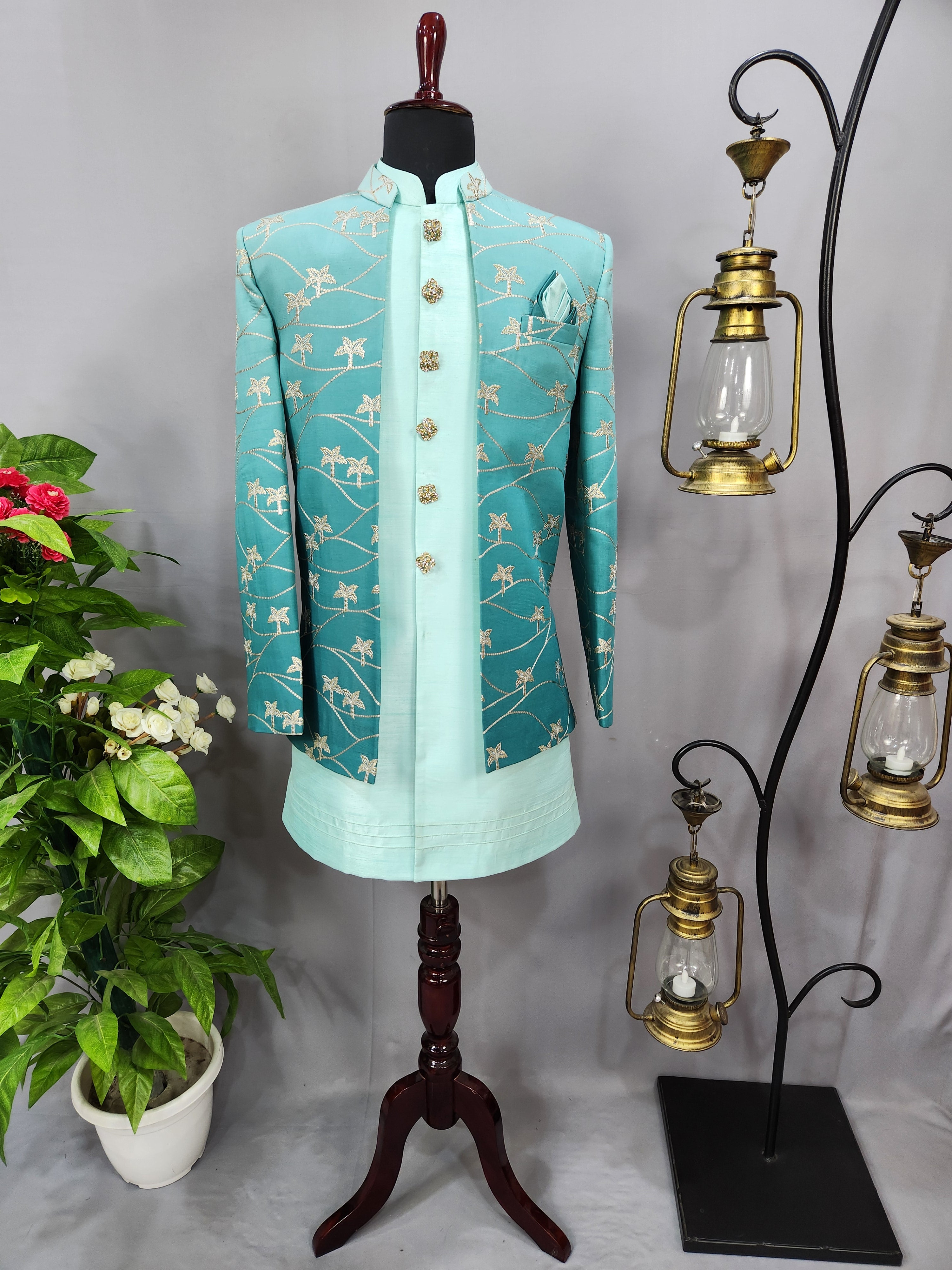 Turquoise Mint Green Indo-Western Sherwani for Men | Indian Groom Wedding Outfit