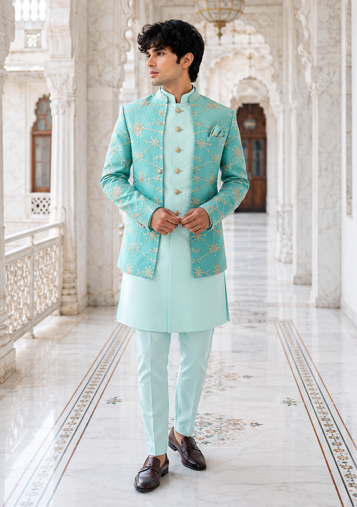 A man wearing a mint green traditional Indian outfit with gold embroidery and a matching pocket square, standing in a grand, ornate white marble corridor with arches and chandeliers..