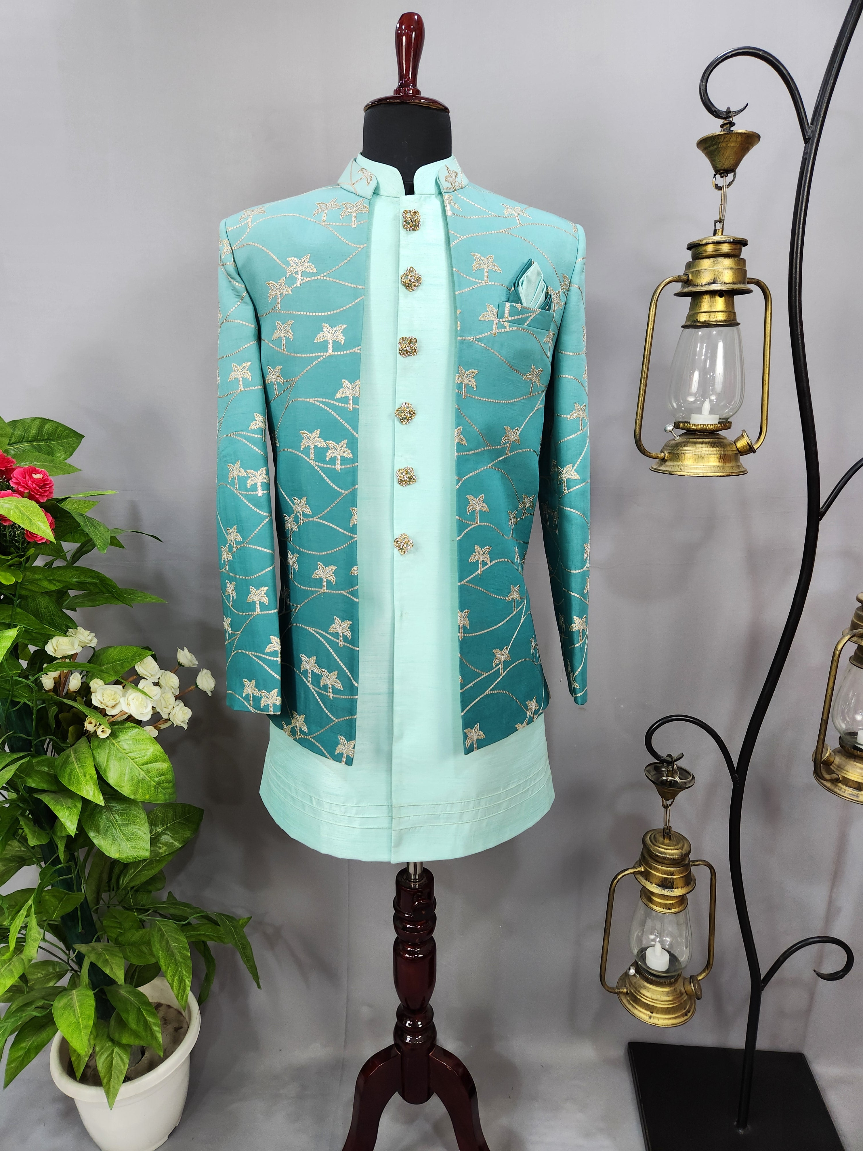 Turquoise Mint Green Indo-Western Sherwani for Men | Indian Groom Wedding Outfit