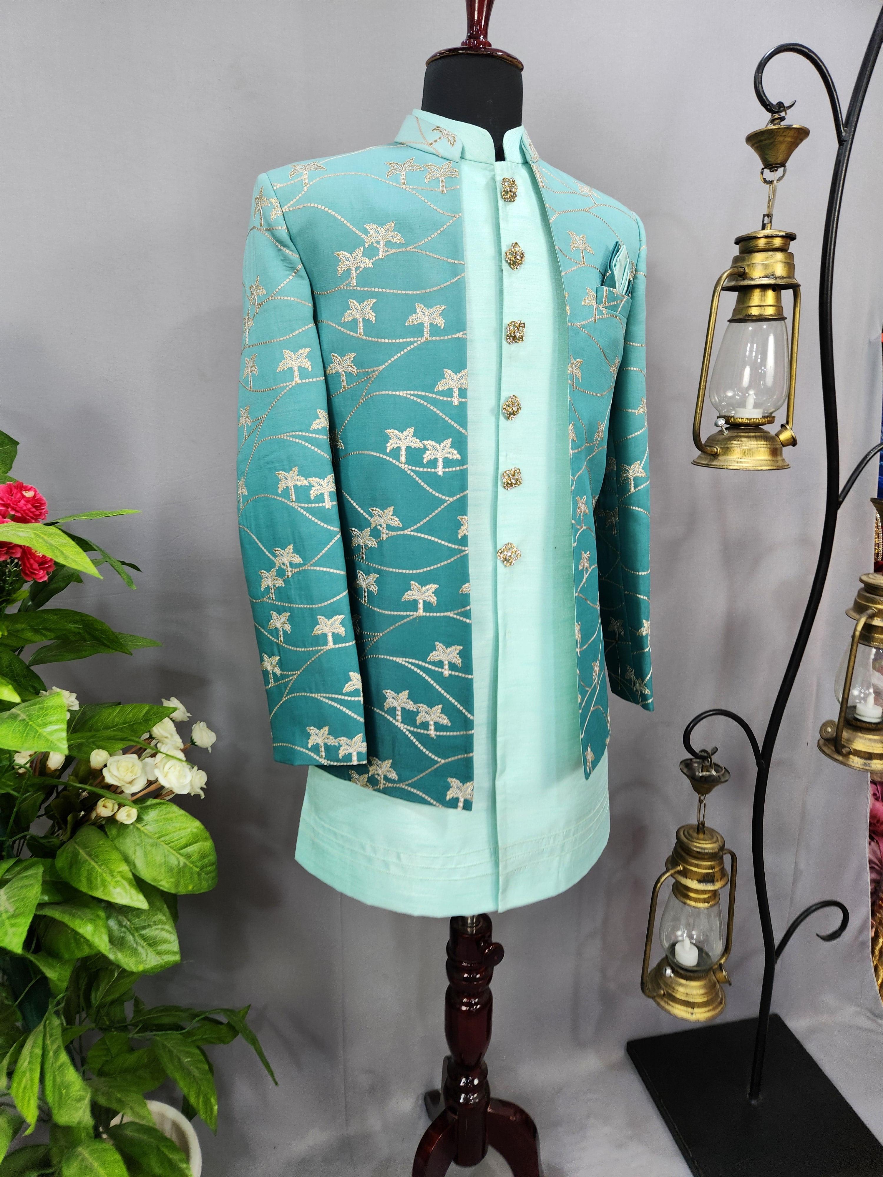 Turquoise Mint Green Indo-Western Sherwani for Men | Indian Groom Wedding Outfit