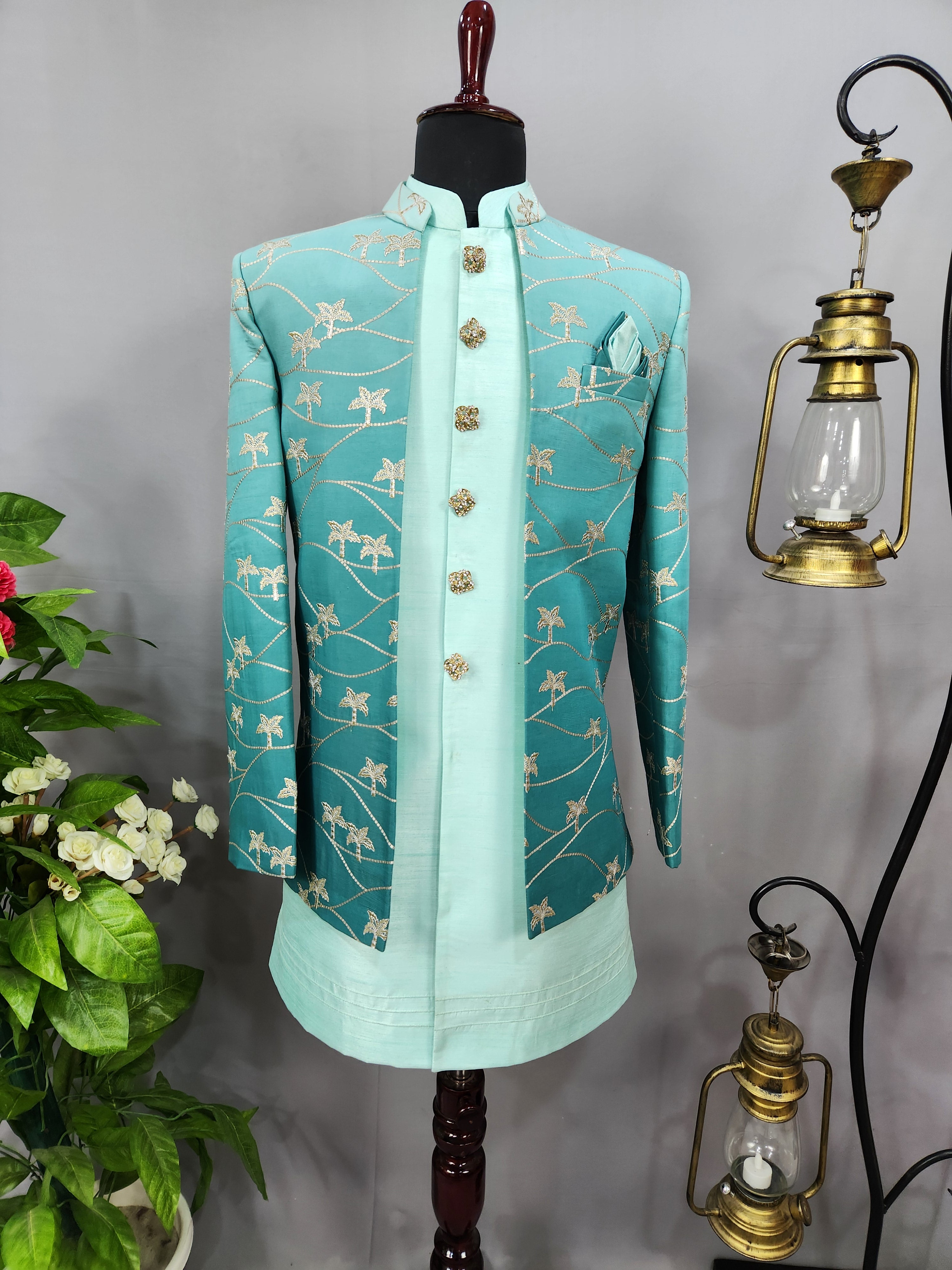 Turquoise Mint Green Indo-Western Sherwani for Men | Indian Groom Wedding Outfit