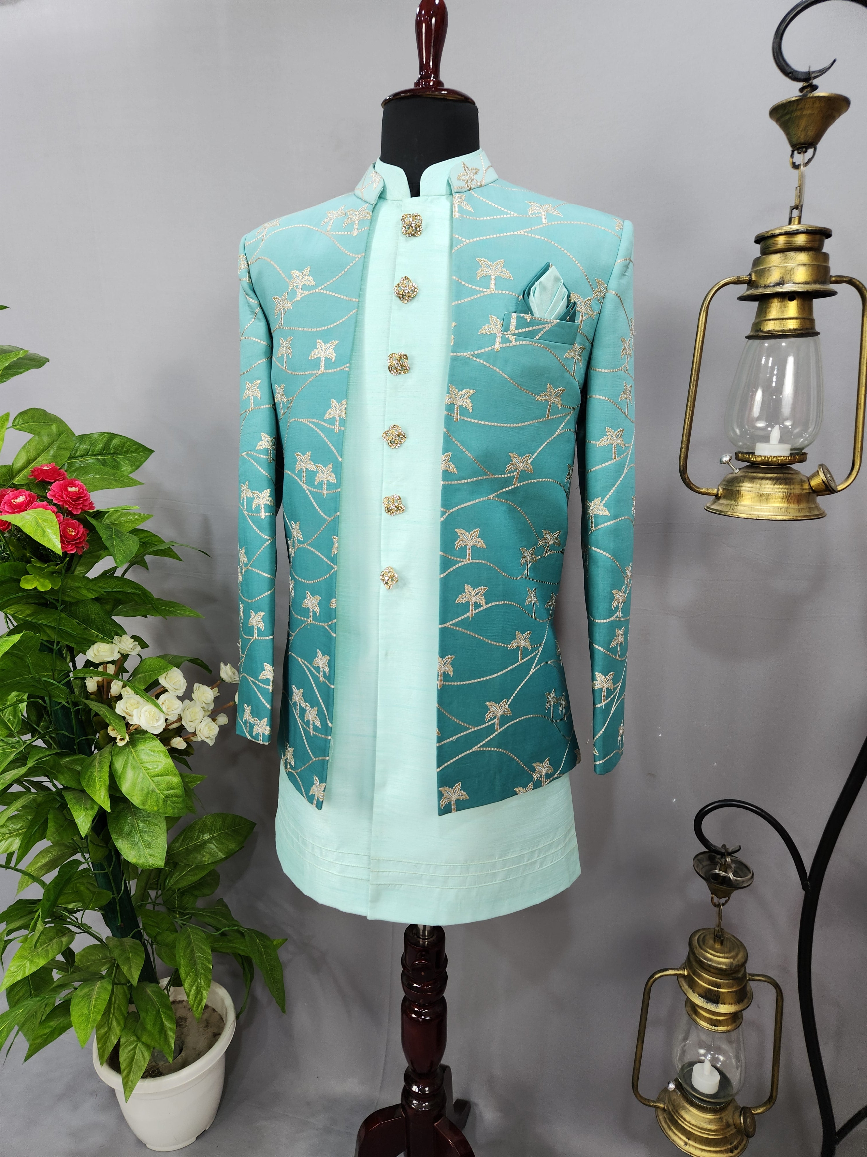 Turquoise Mint Green Indo-Western Sherwani for Men | Indian Groom Wedding Outfit