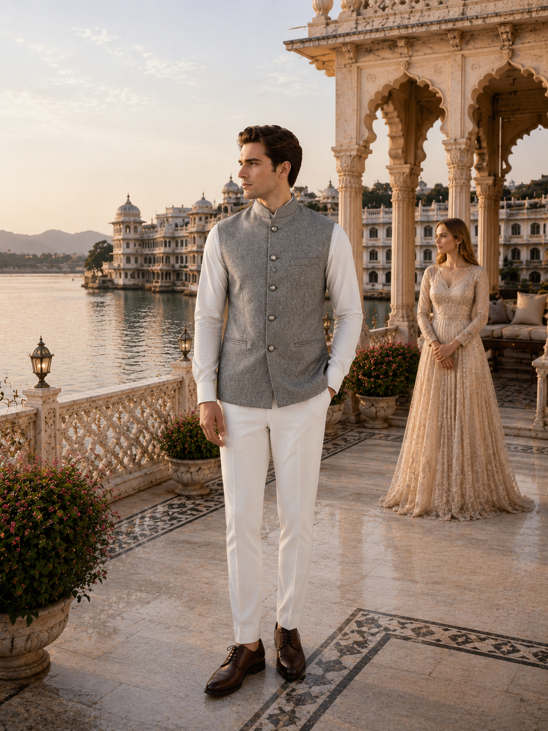 Gray Tweed Nehru Jacket for Men | Indian Ethnic Waistcoat for Weddings & Celebrations