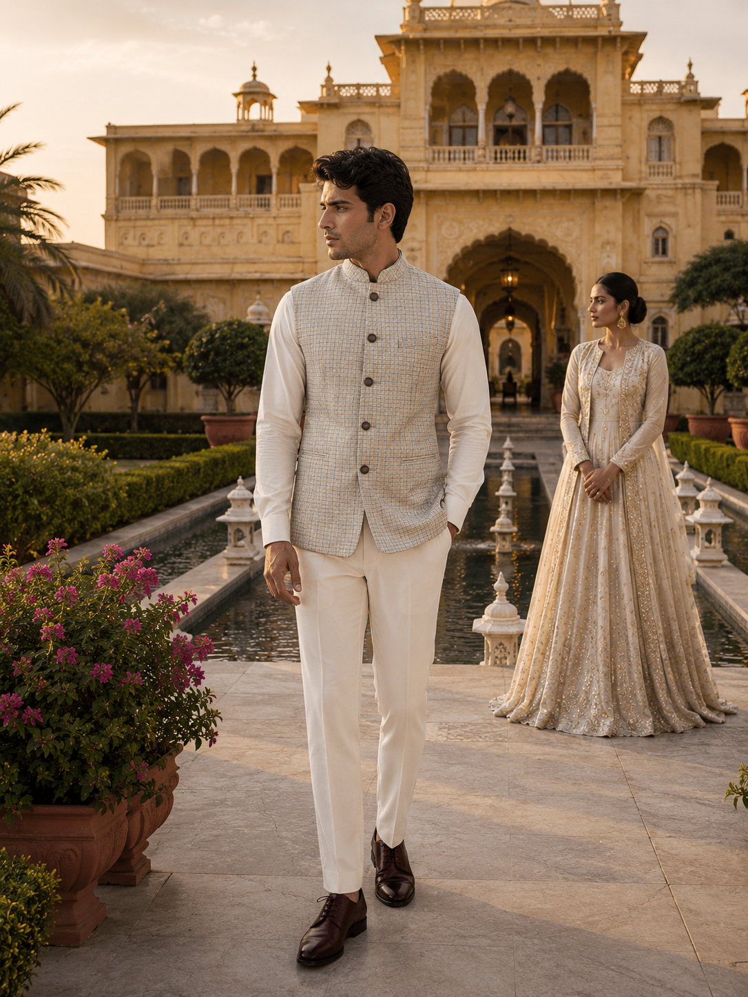 Grayish Beige Tweed Nehru Jacket for Men | Indian Ethnic Waistcoat for Weddings & Celebrations