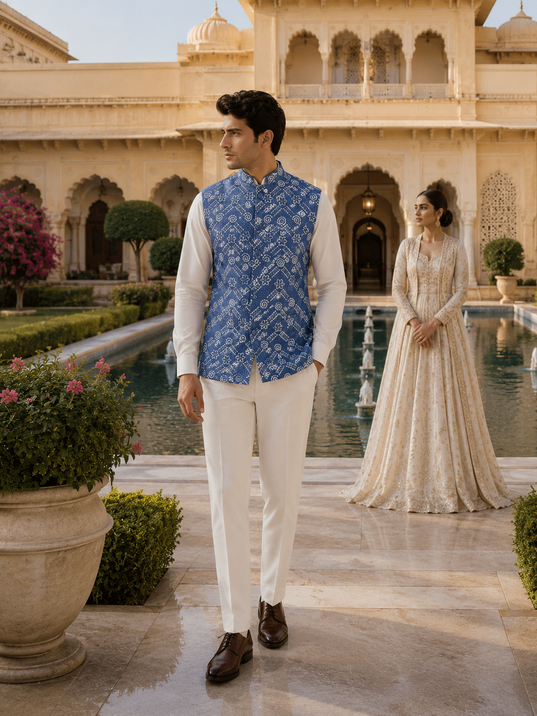 Blue Printed Nehru Jacket for Men | Indian Ethnic Waistcoat for Weddings & Celebrations