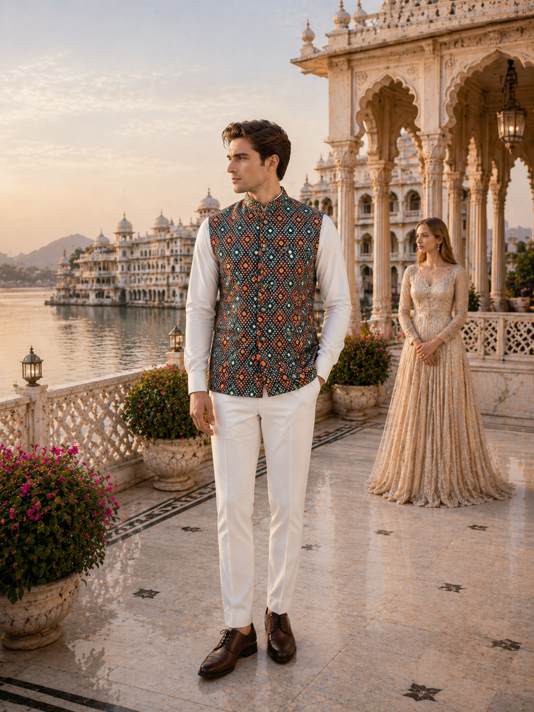 Black Printed Nehru Jacket for Men | Indian Ethnic Waistcoat for Weddings & Celebrations