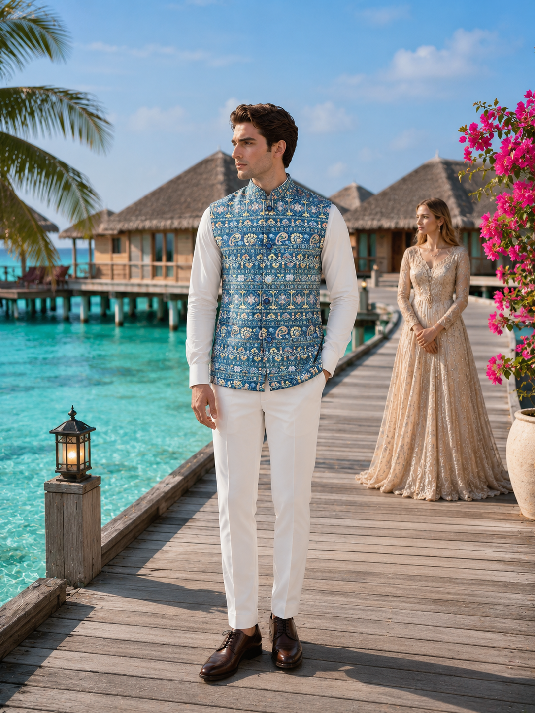 Blue Printed Nehru Jacket for Men | Indian Ethnic Waistcoat for Weddings & Celebrations