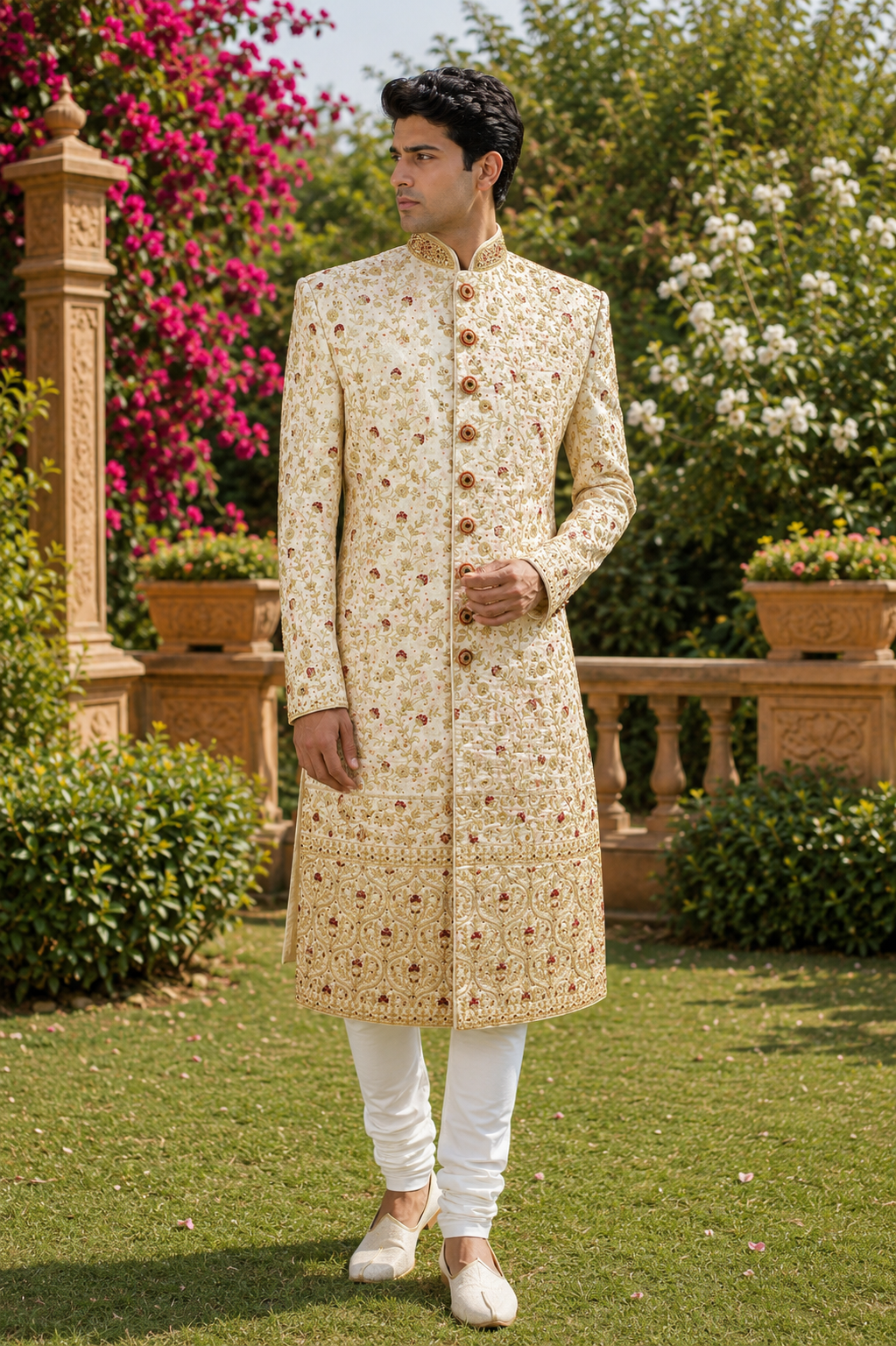 Off-White Wedding Groom Sherwani - Red Accent | Sherwani For Men