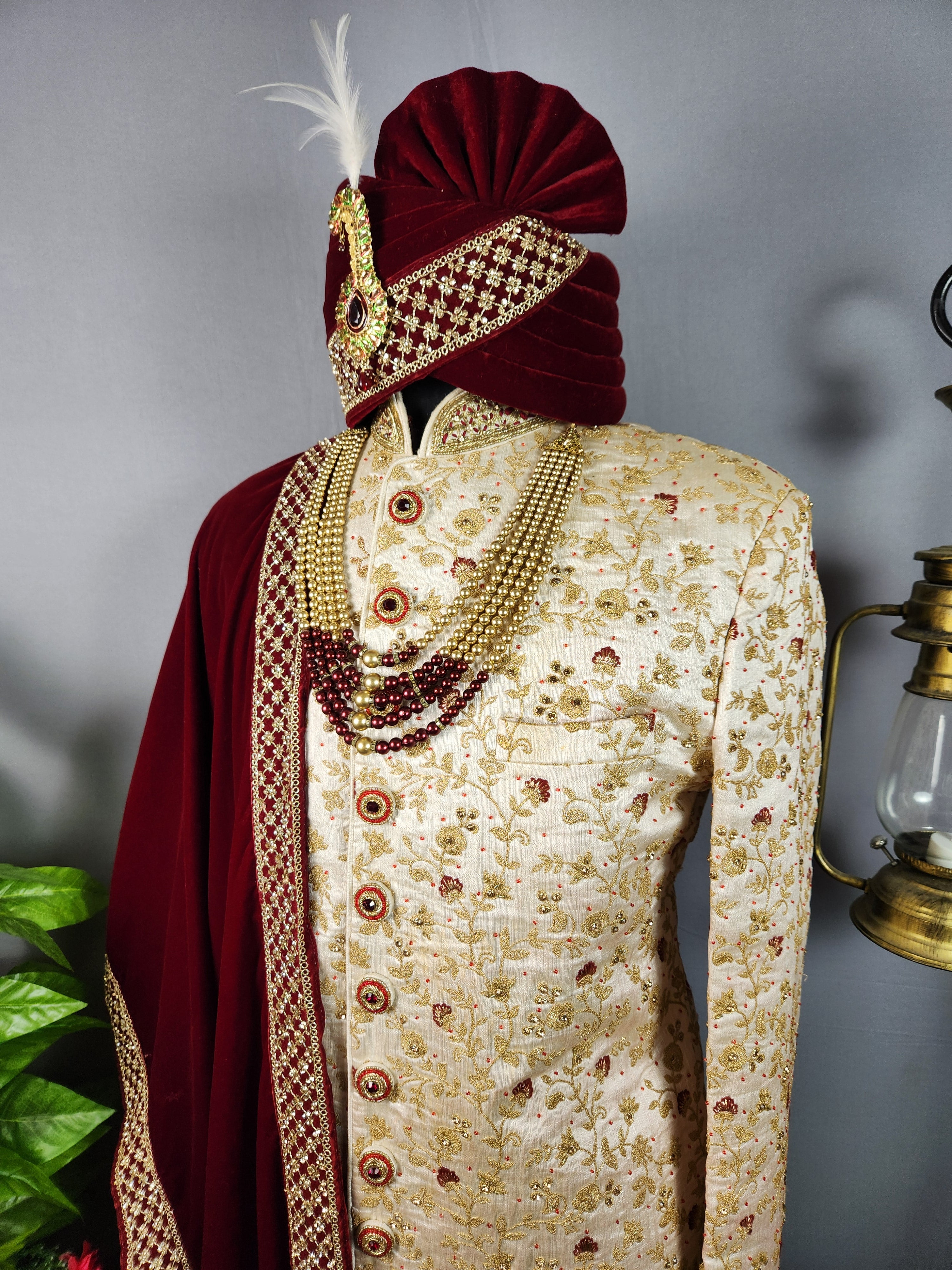 off White Sherwani for Groom  -   Indian Wedding Outfit for Men
