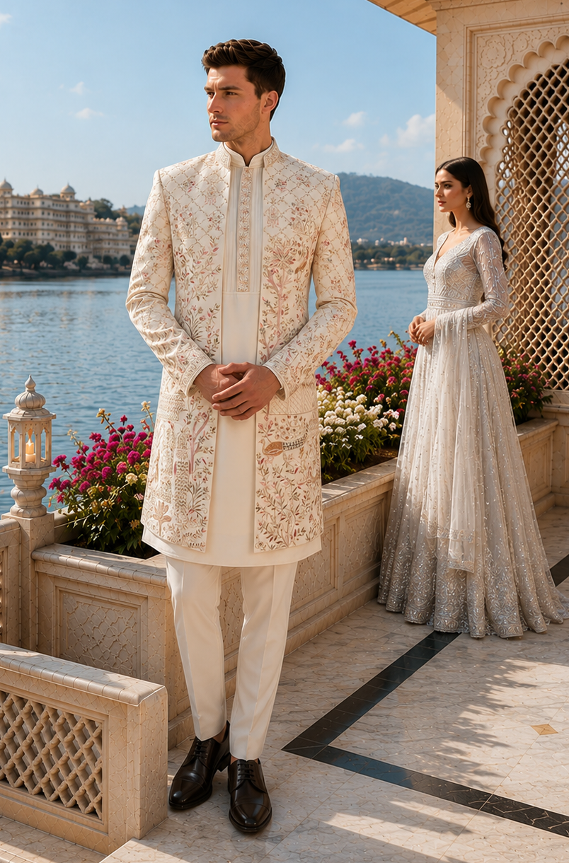 A man wearing a cream and gold heavily embroidered sherwani and trousers stands on a stone terrace by a lake, with a woman in a white embellished gown in the background..