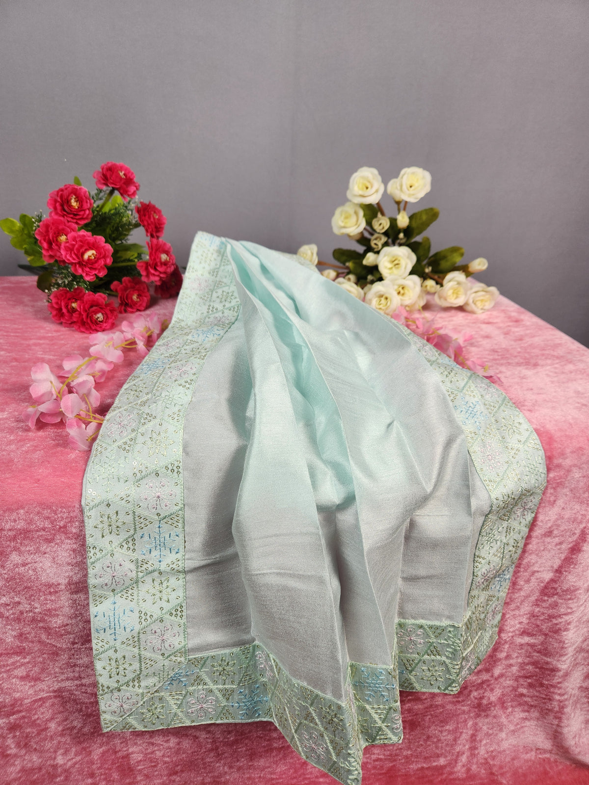 Pastel Green Groom Shawl - Multi Color Embroidery Sequin Stole
