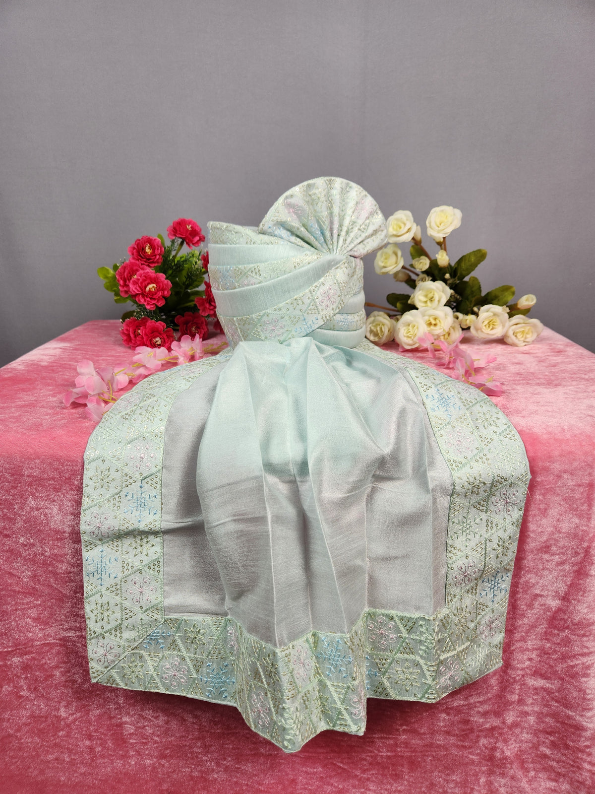 Pastel Green Groom Shawl - Multi Color Embroidery Sequin Stole