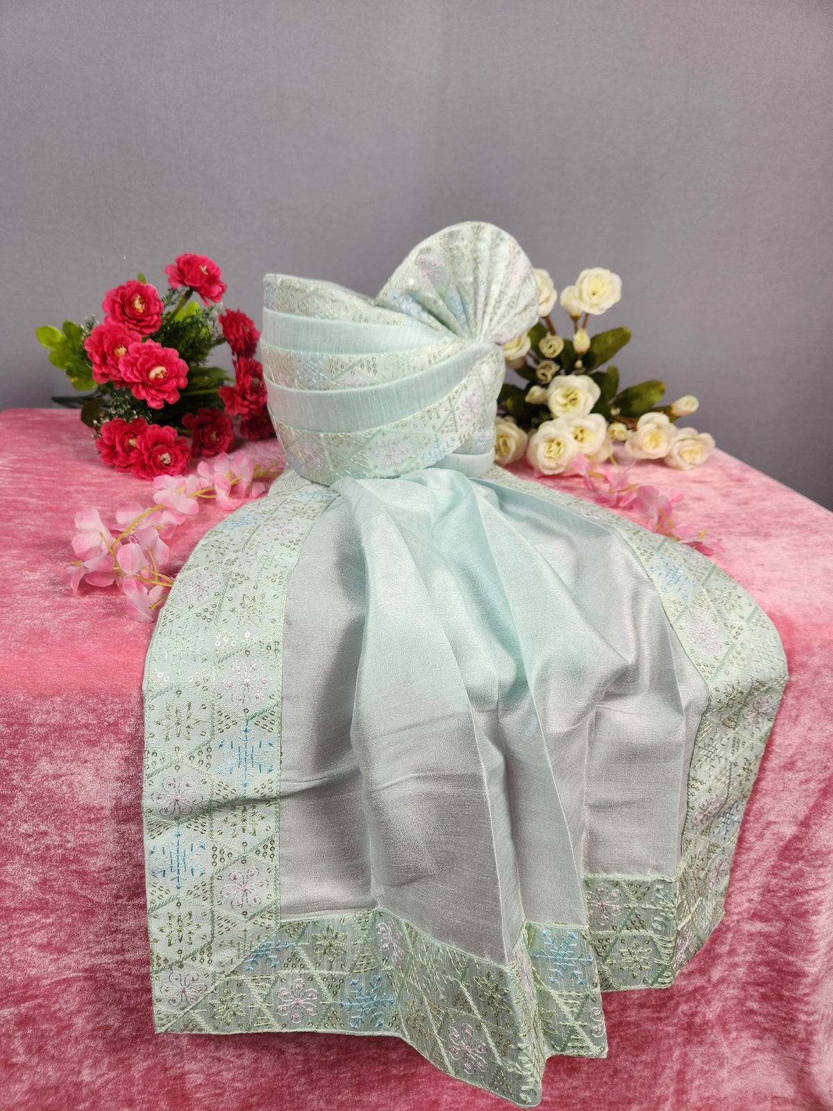 Pastel Green Groom Shawl - Multi Color Embroidery Sequin Stole