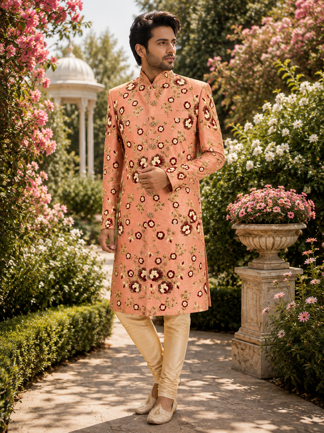 Peach Wedding Groom Sherwani- Red White Silk Threads | Sherwani For Men