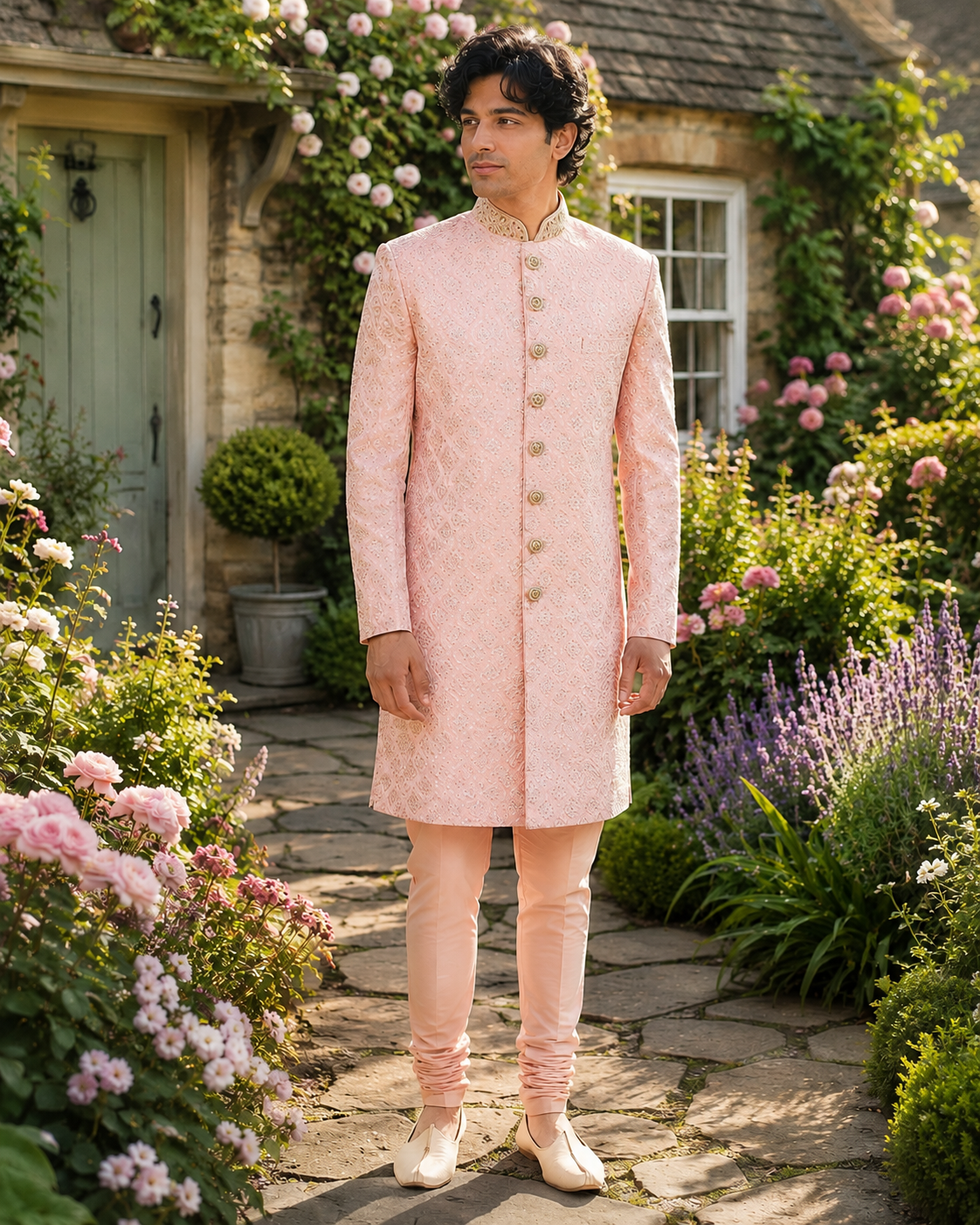 Peach Wedding Groom Sherwani - Golden Sequence Work | Sherwani For Men