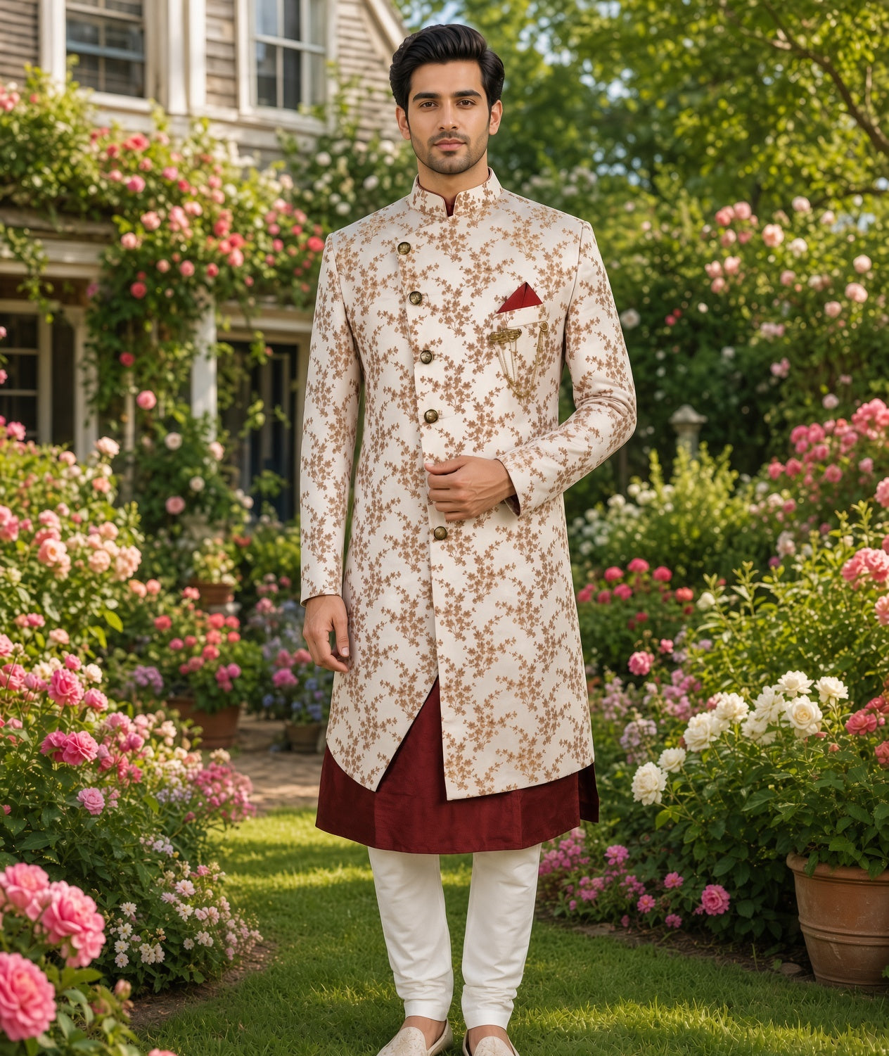 A man stands in a lush garden wearing a cream sherwani with a brown floral pattern, a deep maroon kurta underneath, white trousers, and cream loafers. The background features green grass, blooming pink and white roses, and a house in the distance
