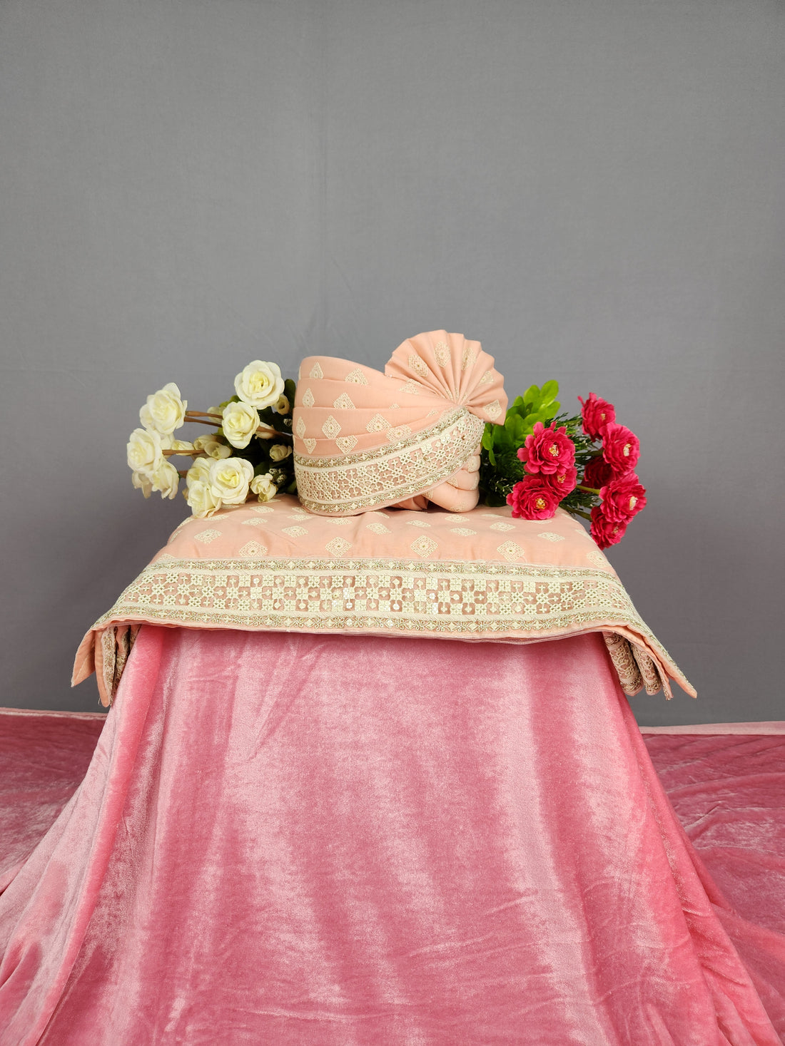 Peach Groom Turban Shawl Dupatta Safa Set 