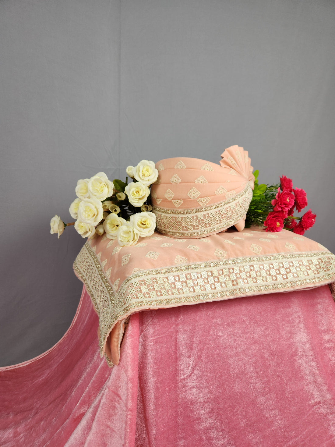 Peach Groom Turban Shawl Dupatta Safa Set 