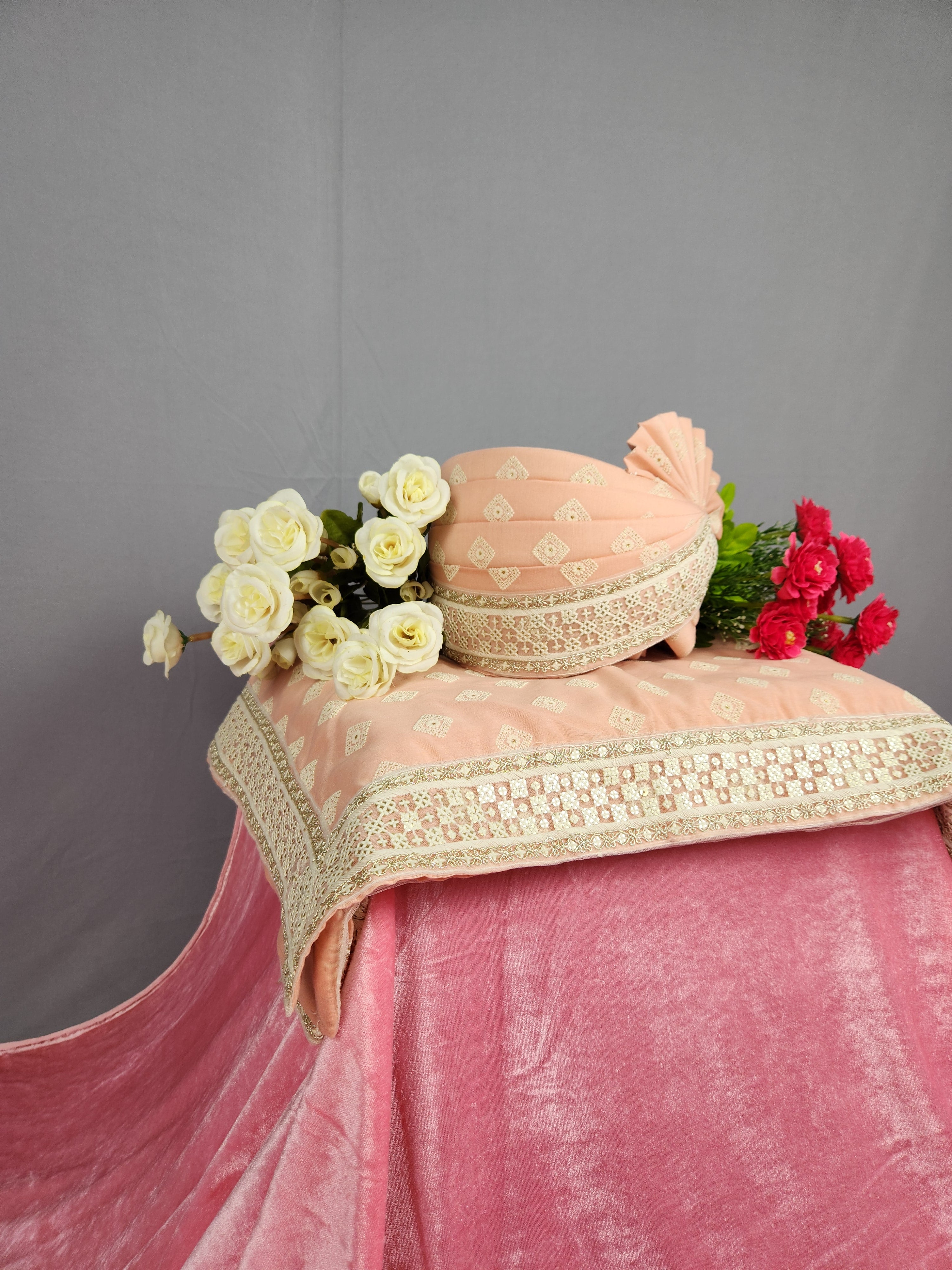 Peach Groom Turban Shawl Dupatta Safa Set 
