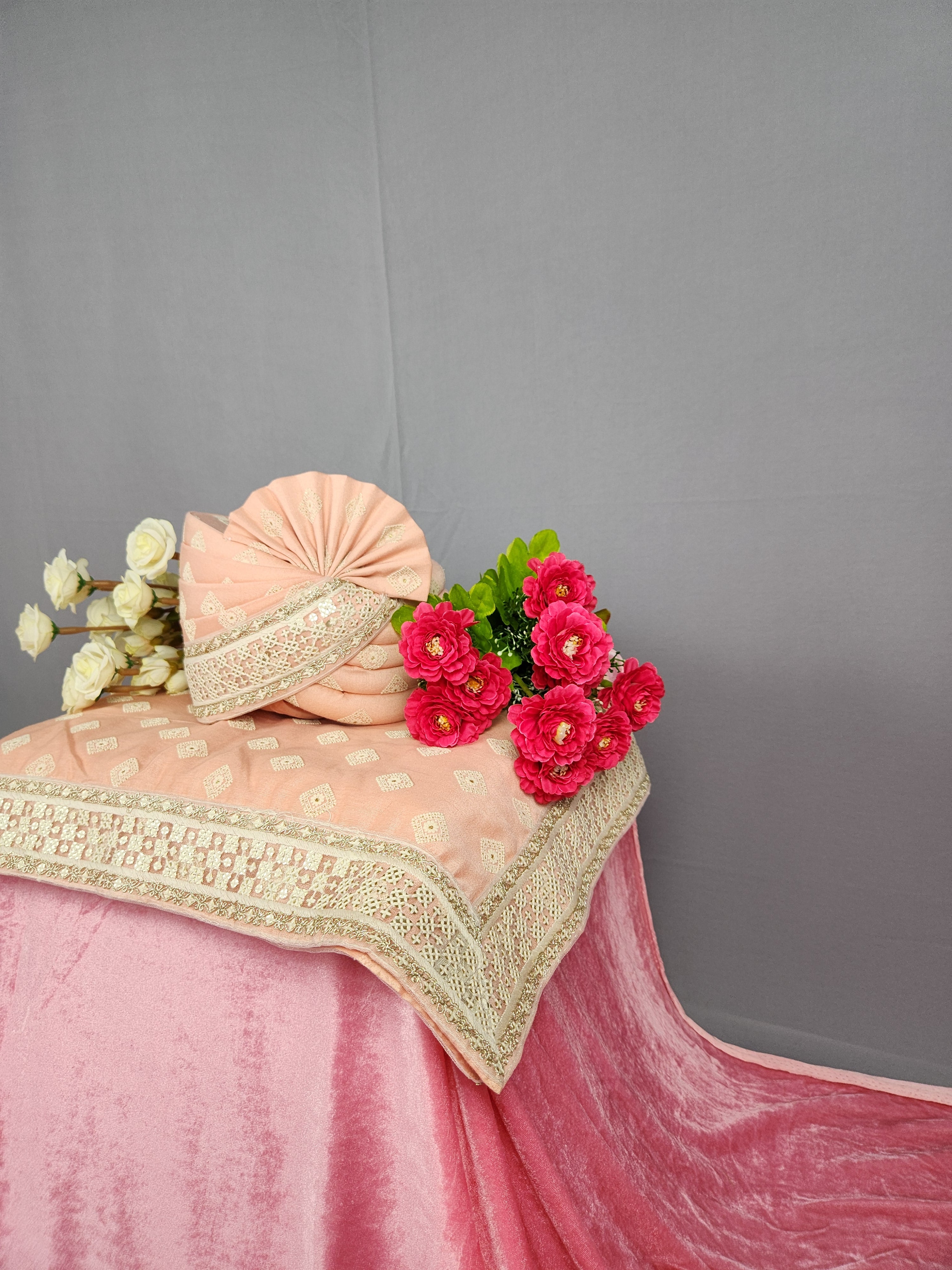 Peach Groom Turban Shawl Dupatta Safa Set 