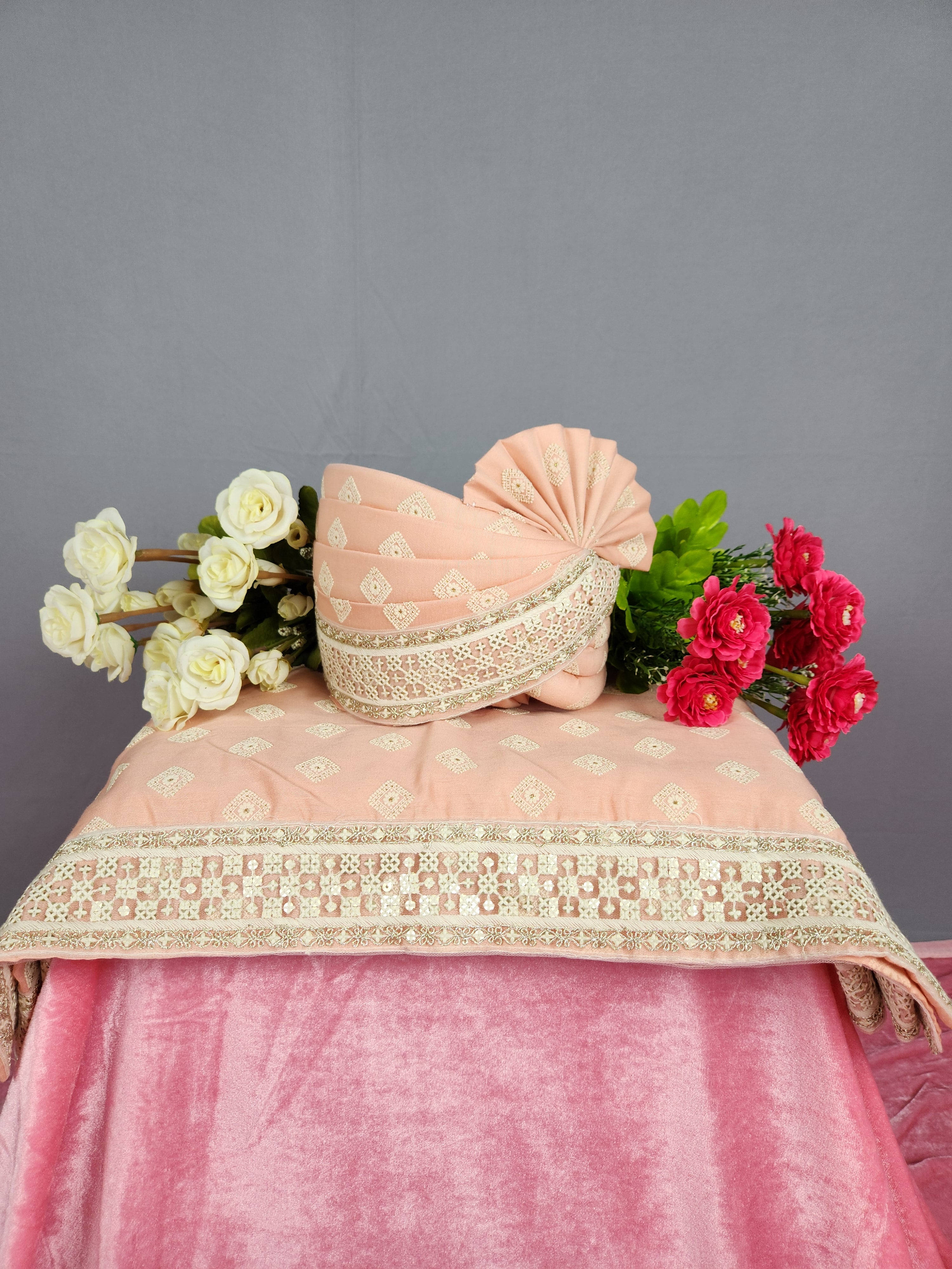 Peach Groom Turban Shawl Dupatta Safa Set 