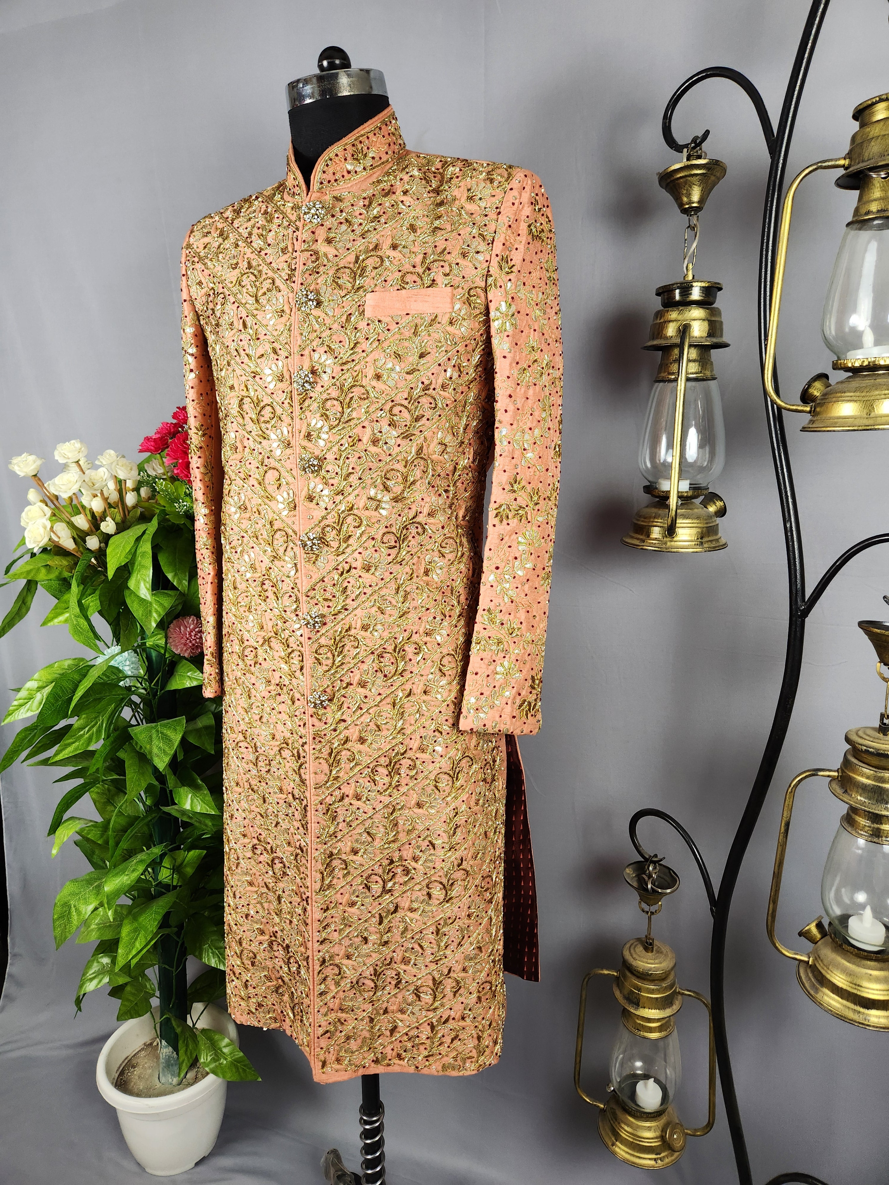 Peach Wedding Groom Sherwani with Traditional Zardozi Work 