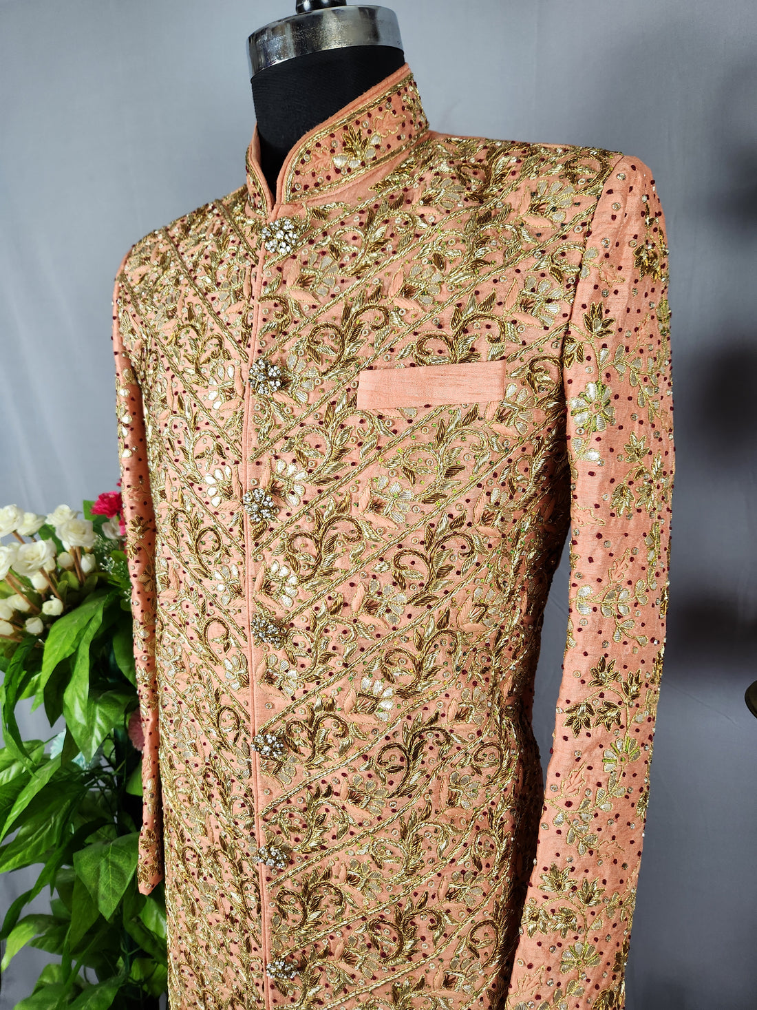Peach Wedding Groom Sherwani with Traditional Zardozi Work 