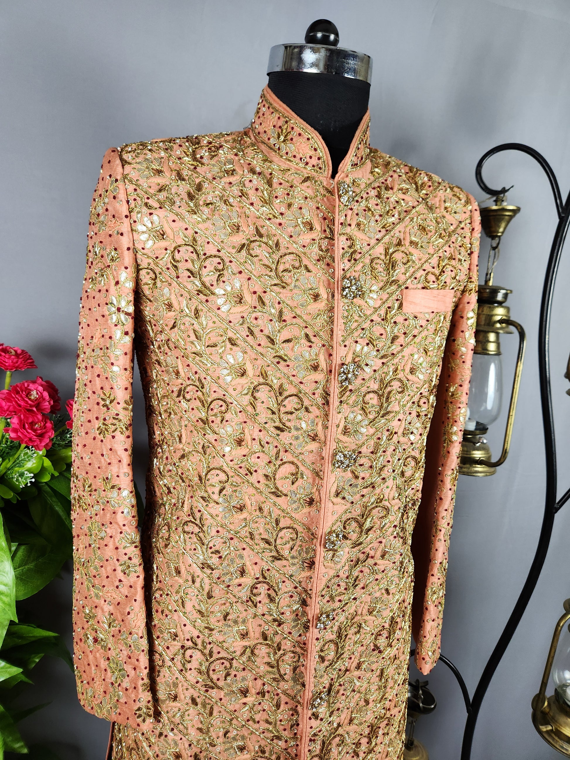 Peach Wedding Groom Sherwani with Traditional Zardozi Work 