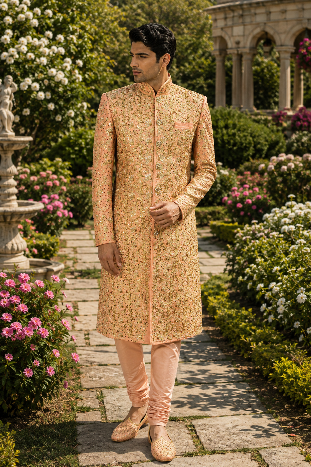 Peach Wedding Groom Sherwani- Traditional Zardozi Work | Sherwani For Men