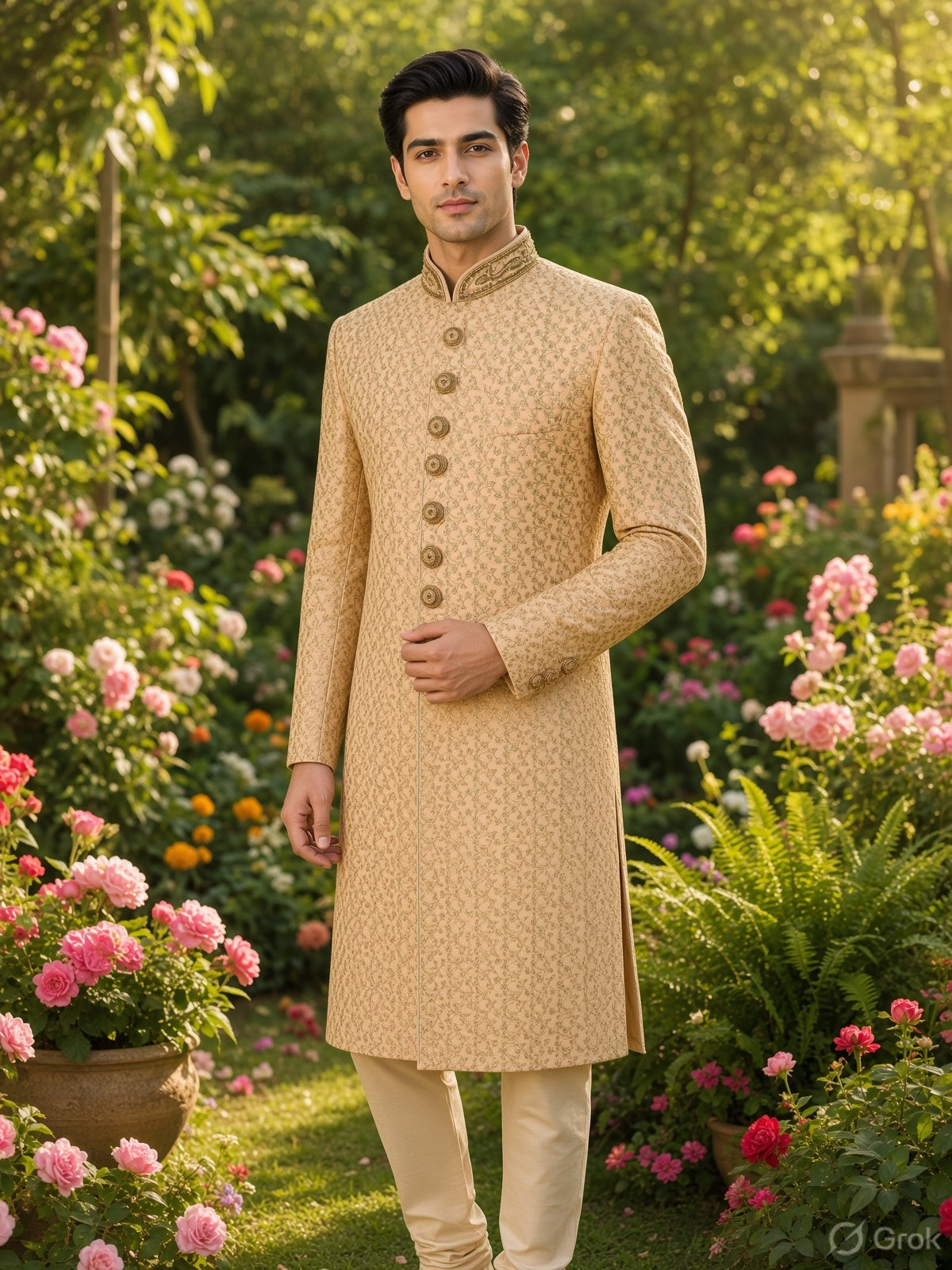 Peach Wedding Groom Sherwani- Gold Zari Work | Sherwani For Men