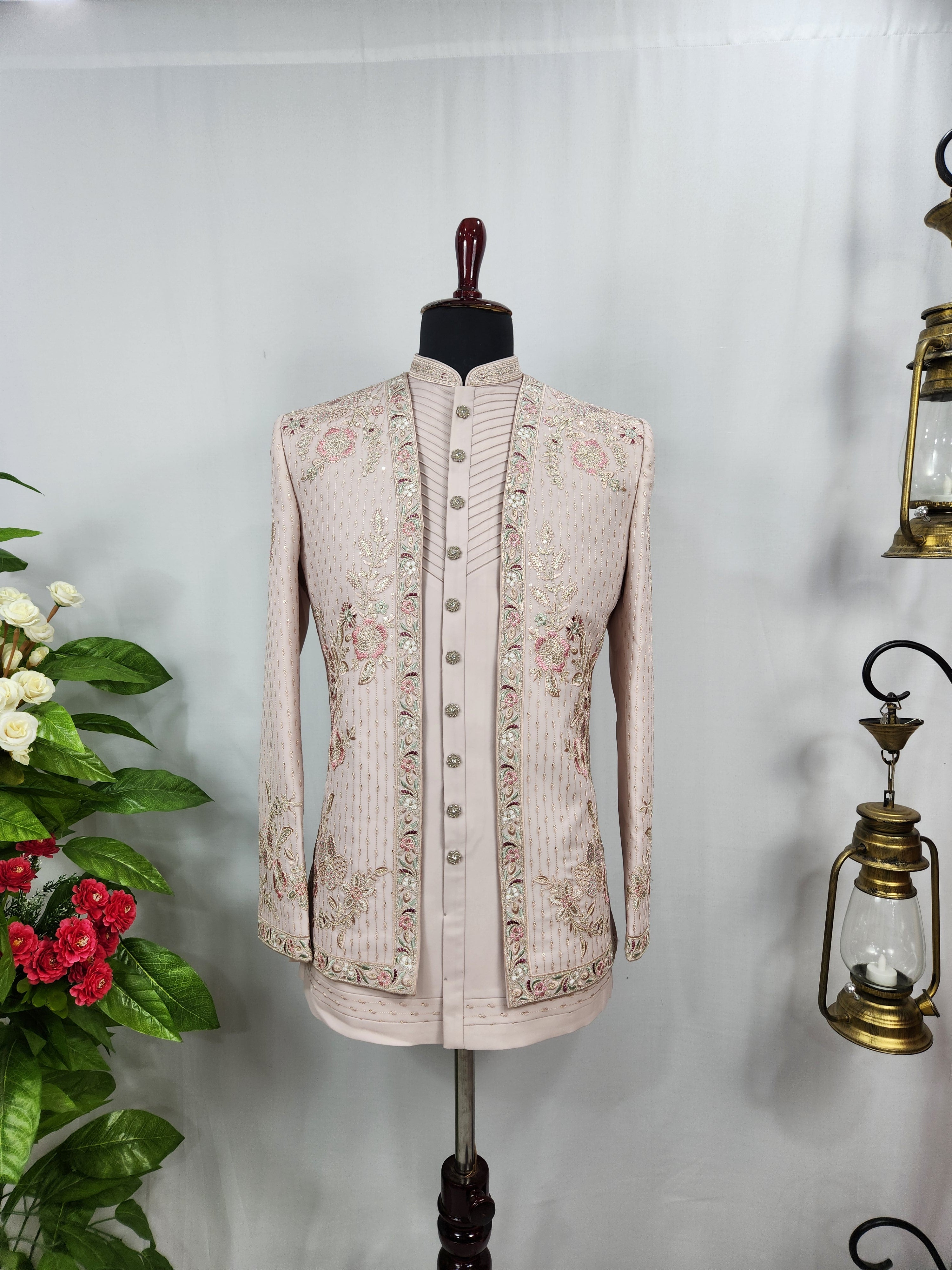Pink Indo-Western Sherwani for Men | Indian Groom Wedding Outfit