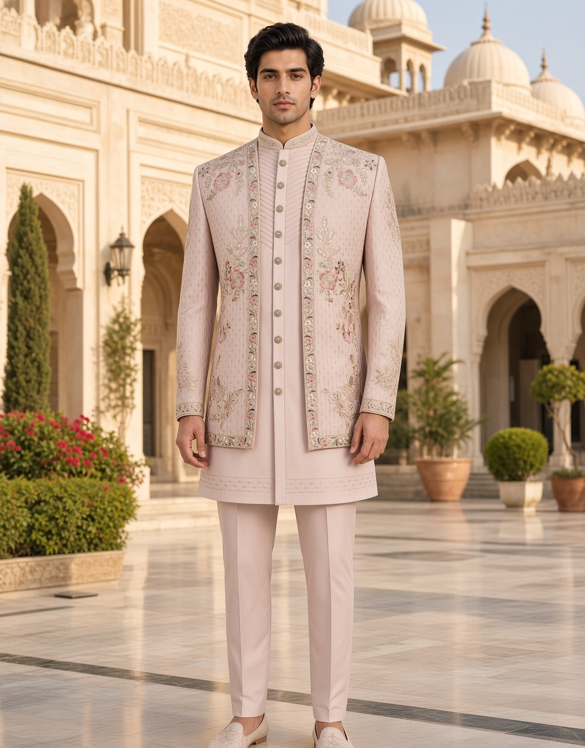 A man stands outdoors in front of a grand beige architectural building, wearing a light blush pink traditional outfit with ornate floral embroidery on the jacket and matching trousers