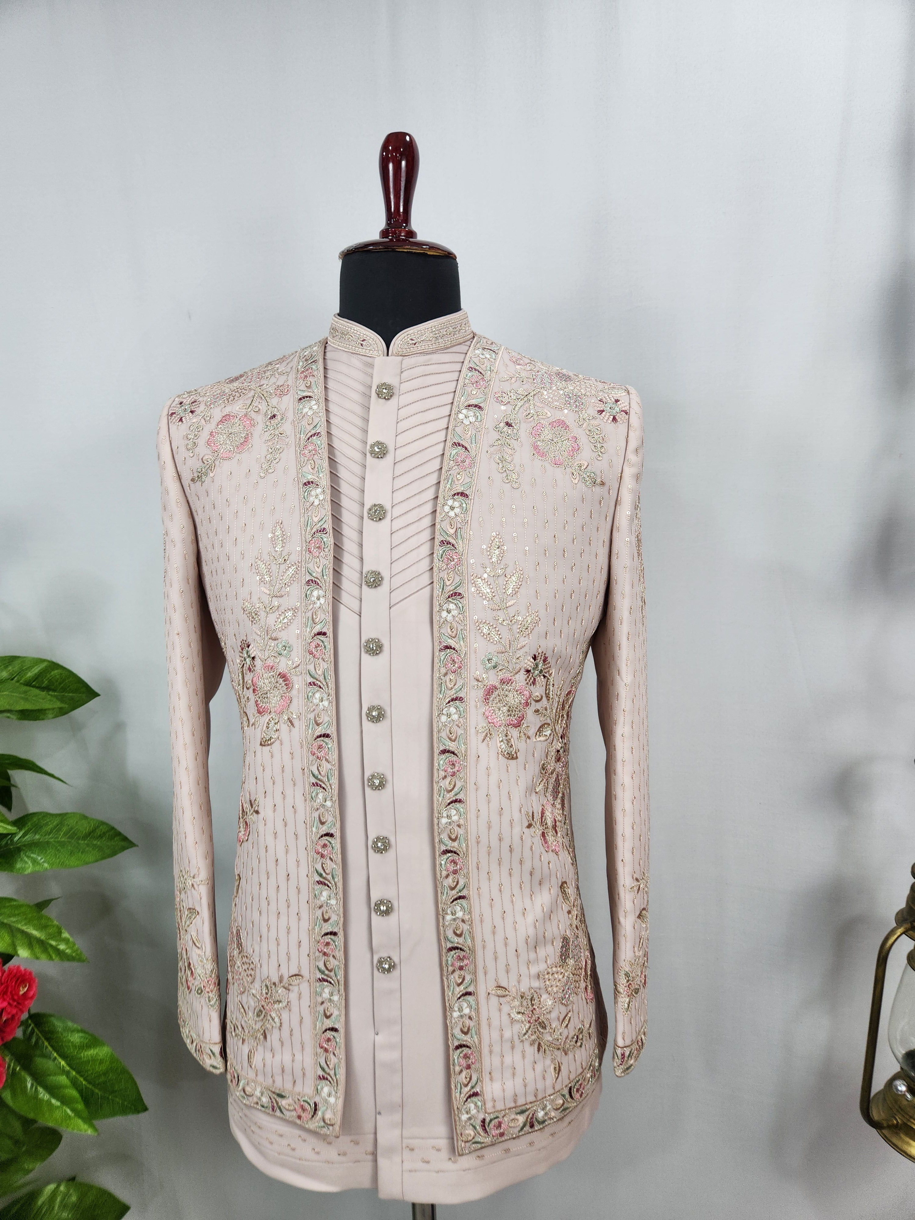 Pink Indo-Western Sherwani for Men | Indian Groom Wedding Outfit