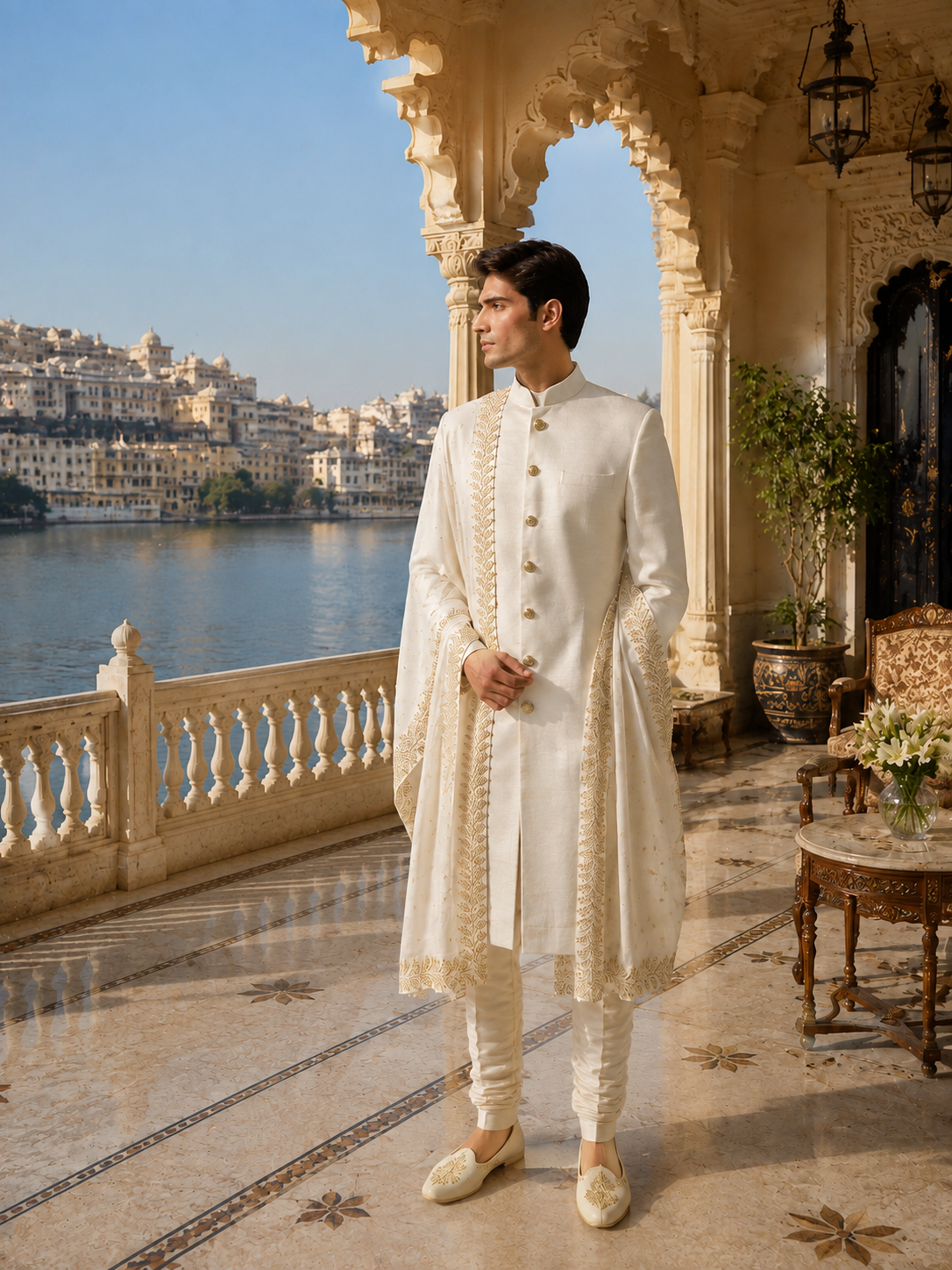 White Wedding Groom Sherwani - Plain White Achkan | Sherwani For Men