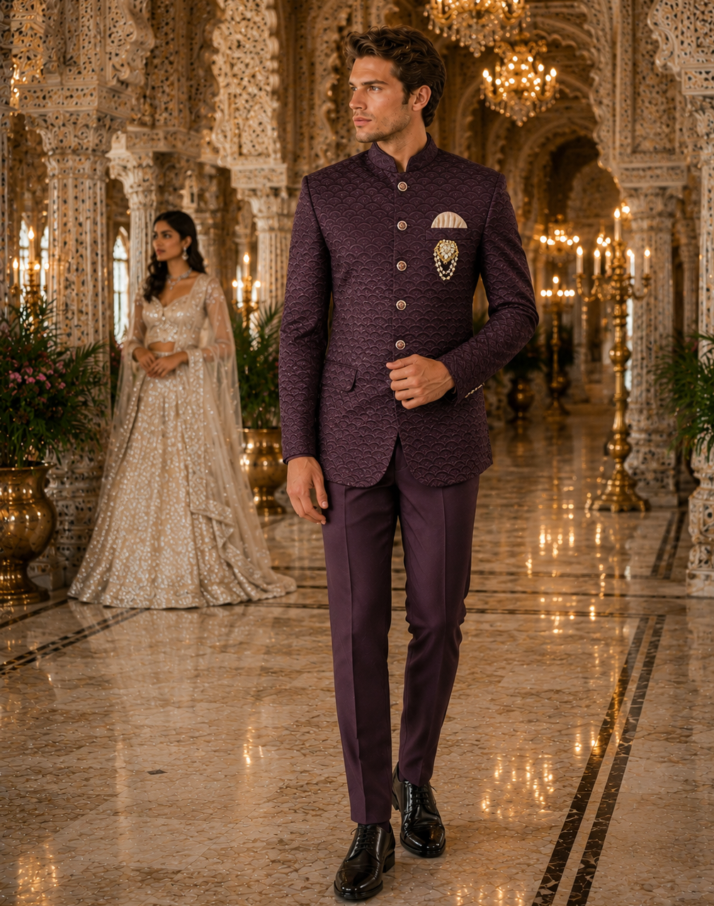 A man wearing a textured deep purple traditional Indian suit walks through an ornate, illuminated marble hallway with chandeliers, while a woman in a white gown stands in the background