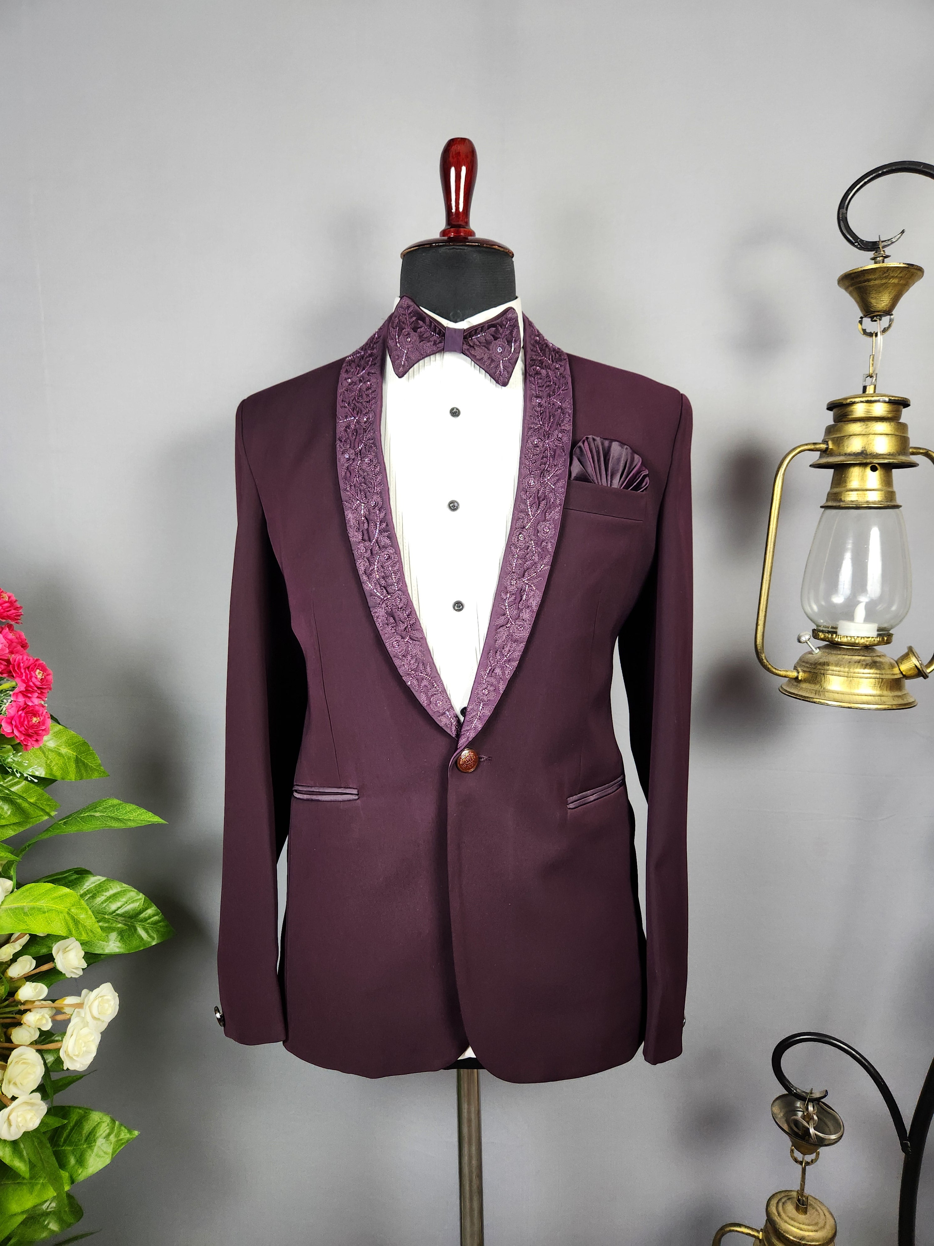 Men's dark plum tuxedo suit for Indian groom, perfect for wedding and reception wear
