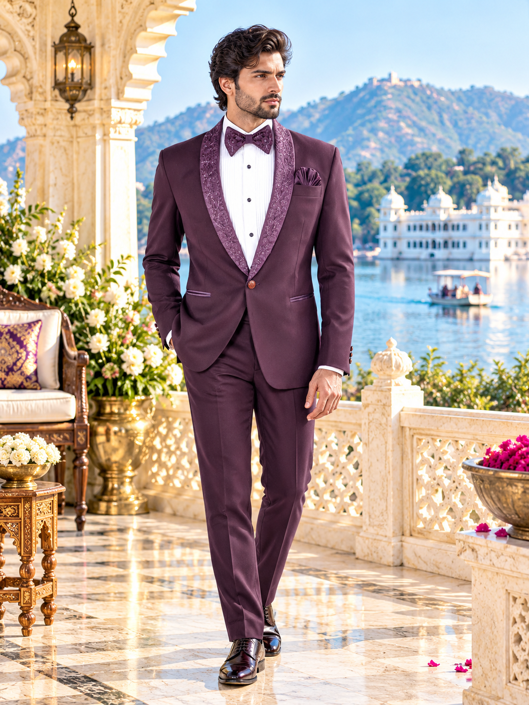 Dark Plum Men's Tuxedo Suit for Wedding | Indian Groom Reception Outfit