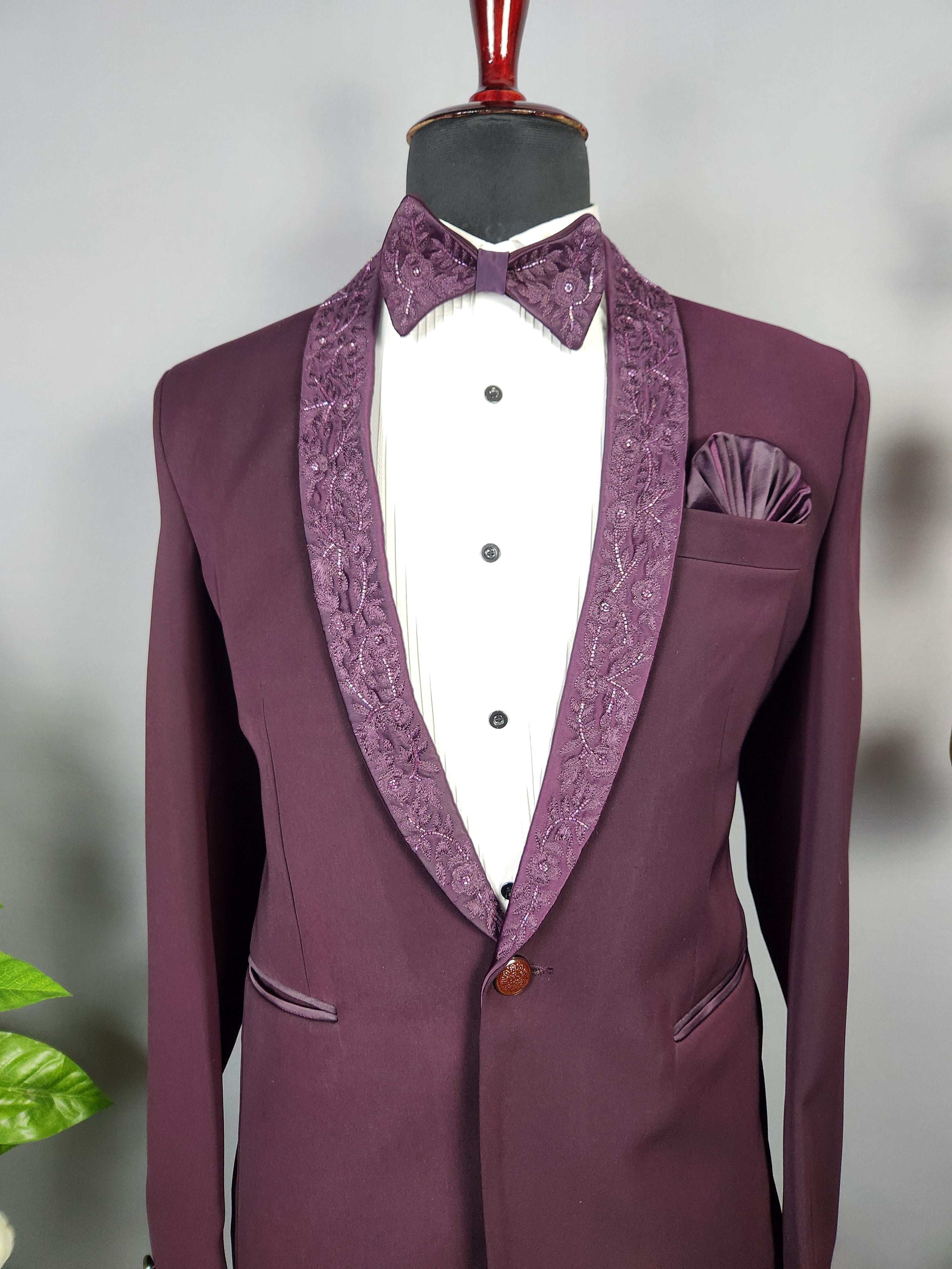 Men's dark plum tuxedo suit for Indian groom, perfect for wedding and reception wear
