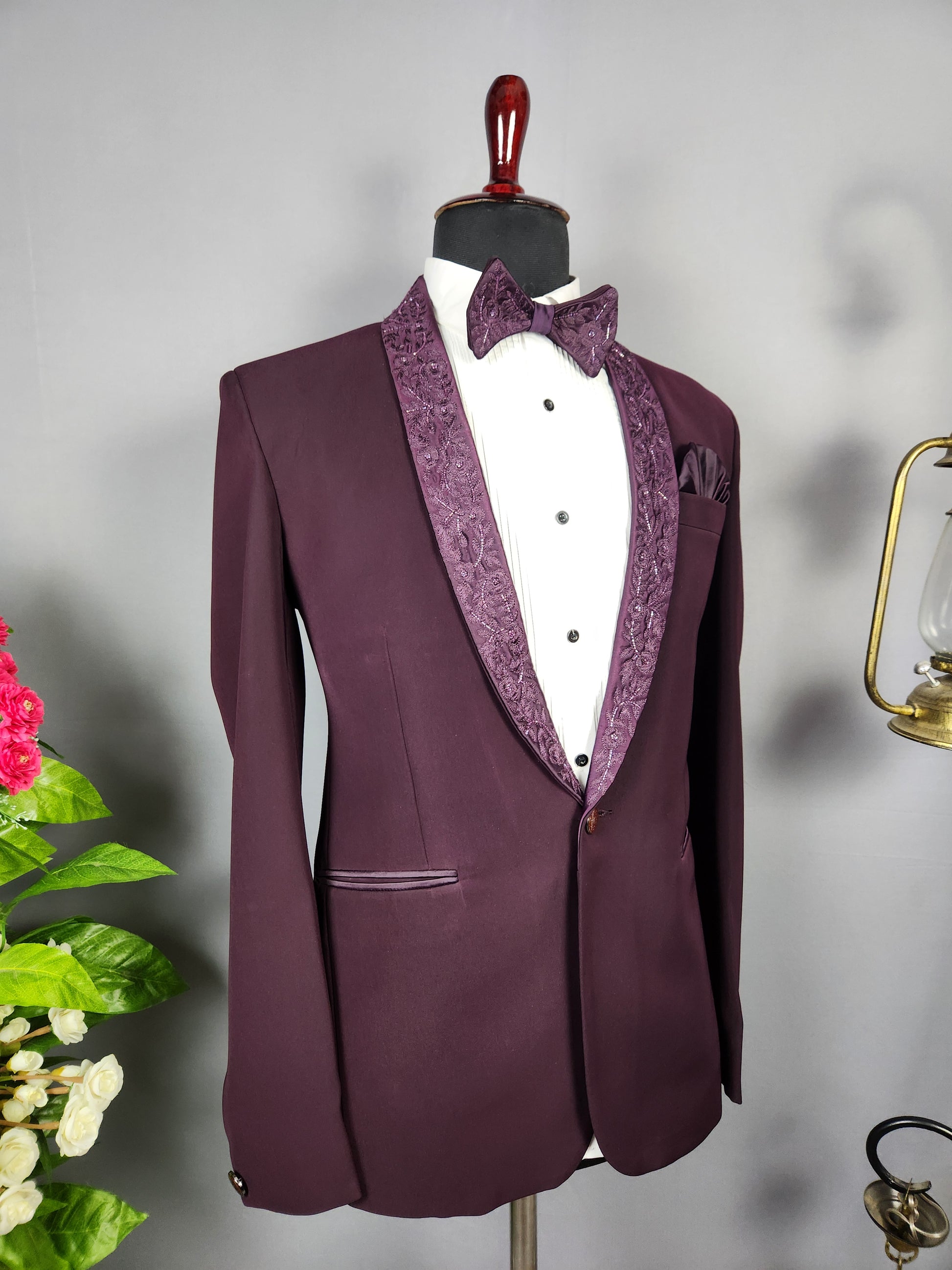 Men's dark plum tuxedo suit for Indian groom, perfect for wedding and reception wear
