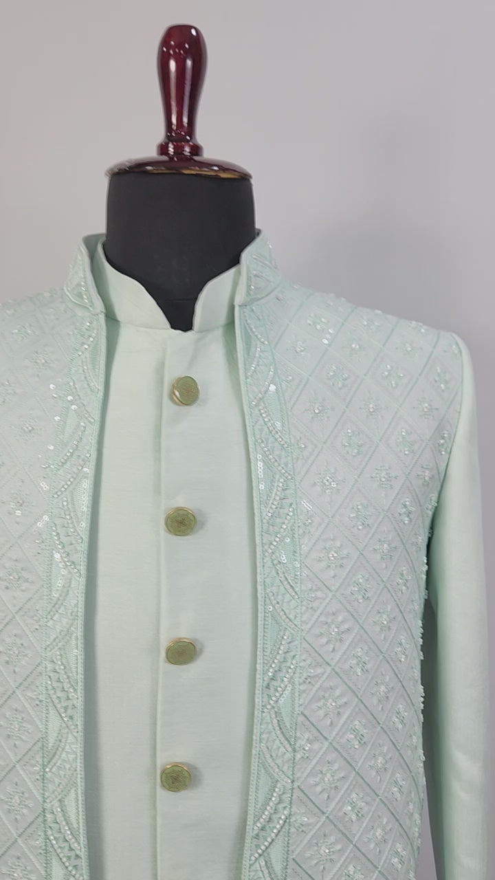 Mint Green Indo-Western Sherwani for Men | Indian Groom Wedding Outfit