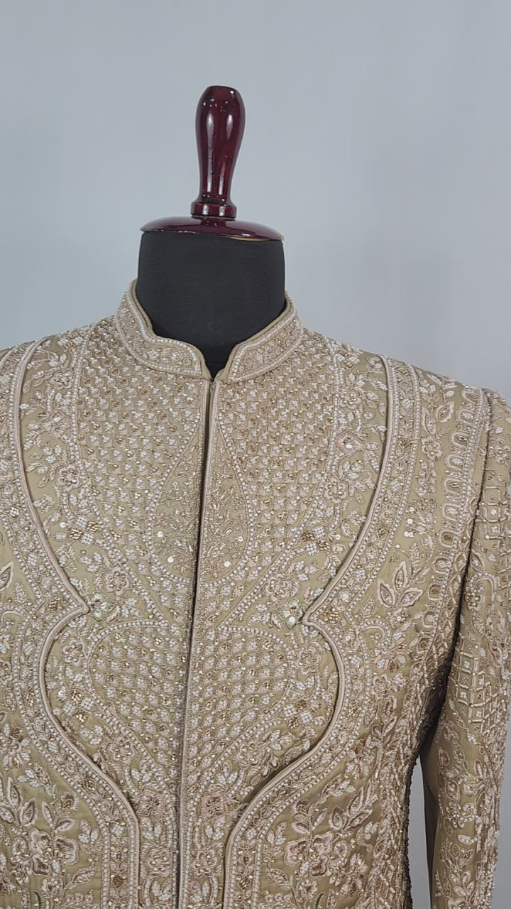 Golden Brown Groom Sherwani - Beads Studded Triple Layered Kurta Style | Sherwani For Men