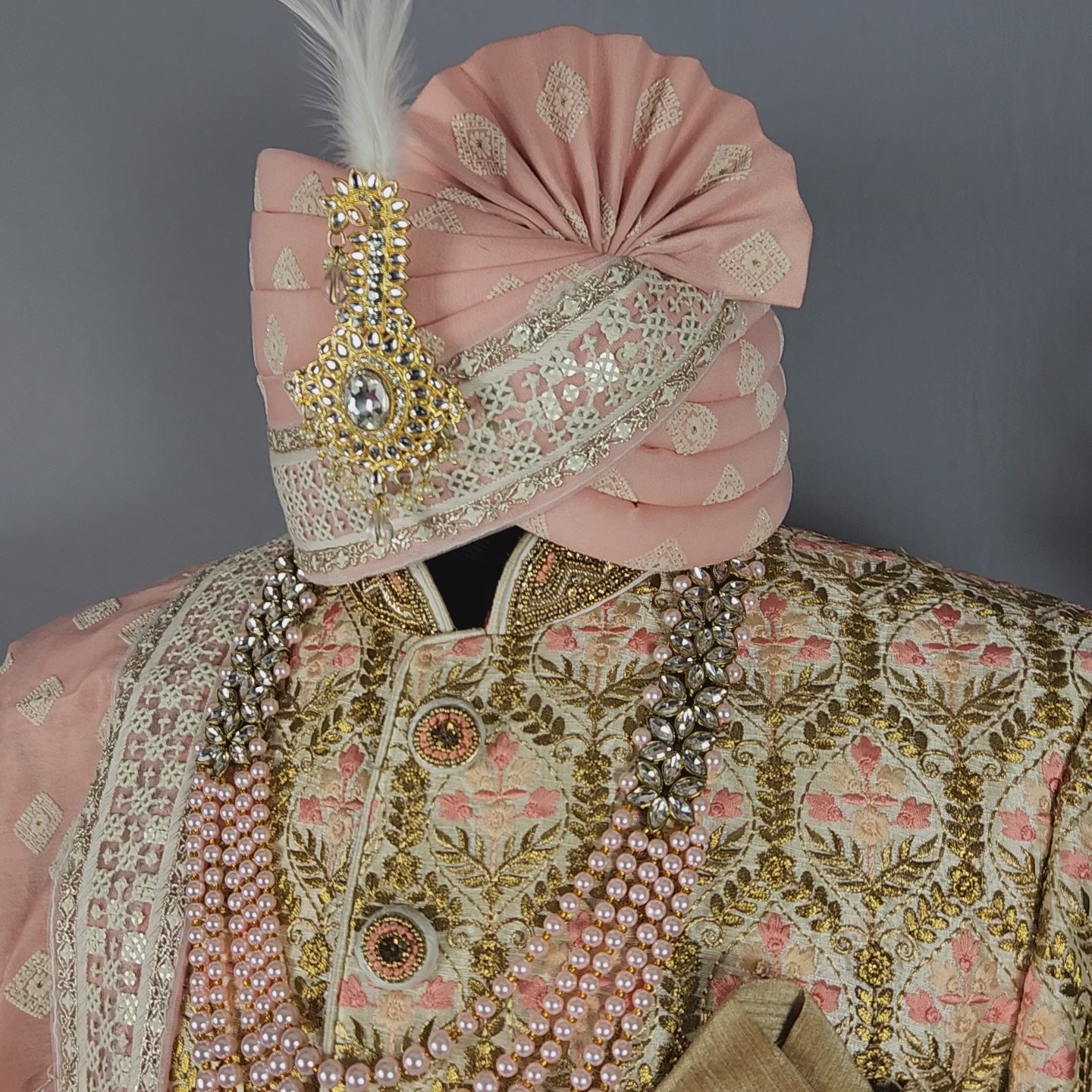 Golden Wedding Groom Sherwani with Peach Motif and Zari Work 