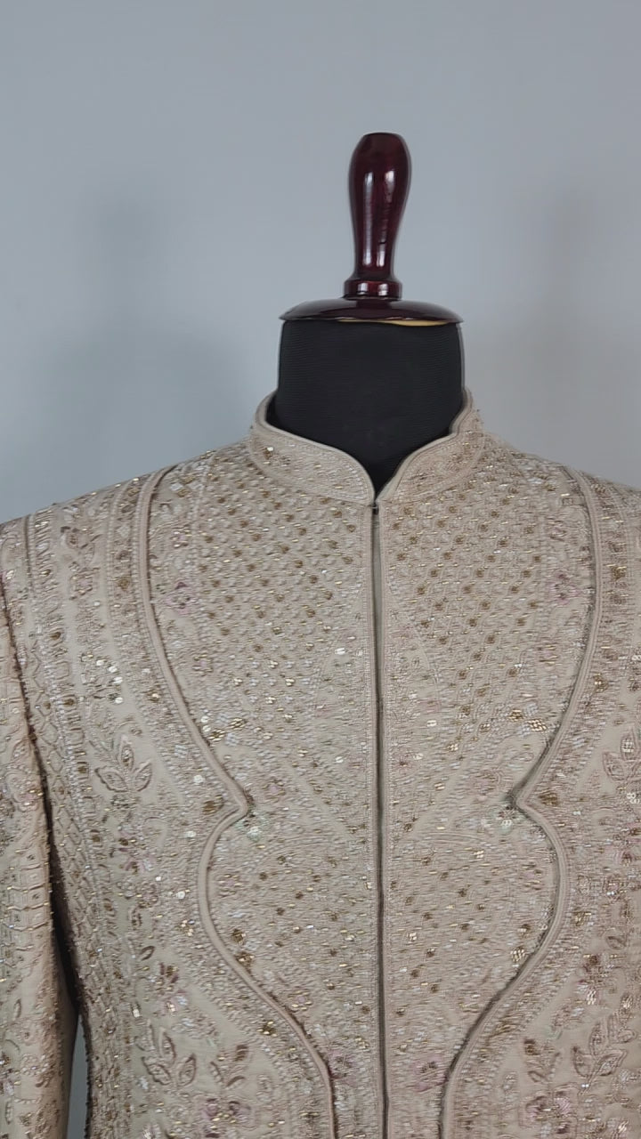 Champagne Golden Wedding Groom Sherwani - Triple Layered Kurta Design  | Sherwani For Men