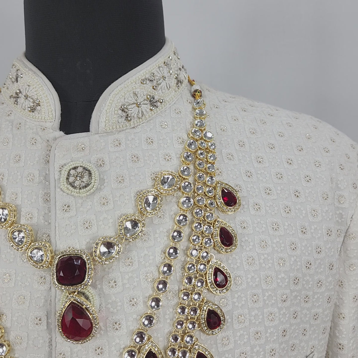 Golden Red Diamond Necklace Groom | Wedding Mala For Sherwani